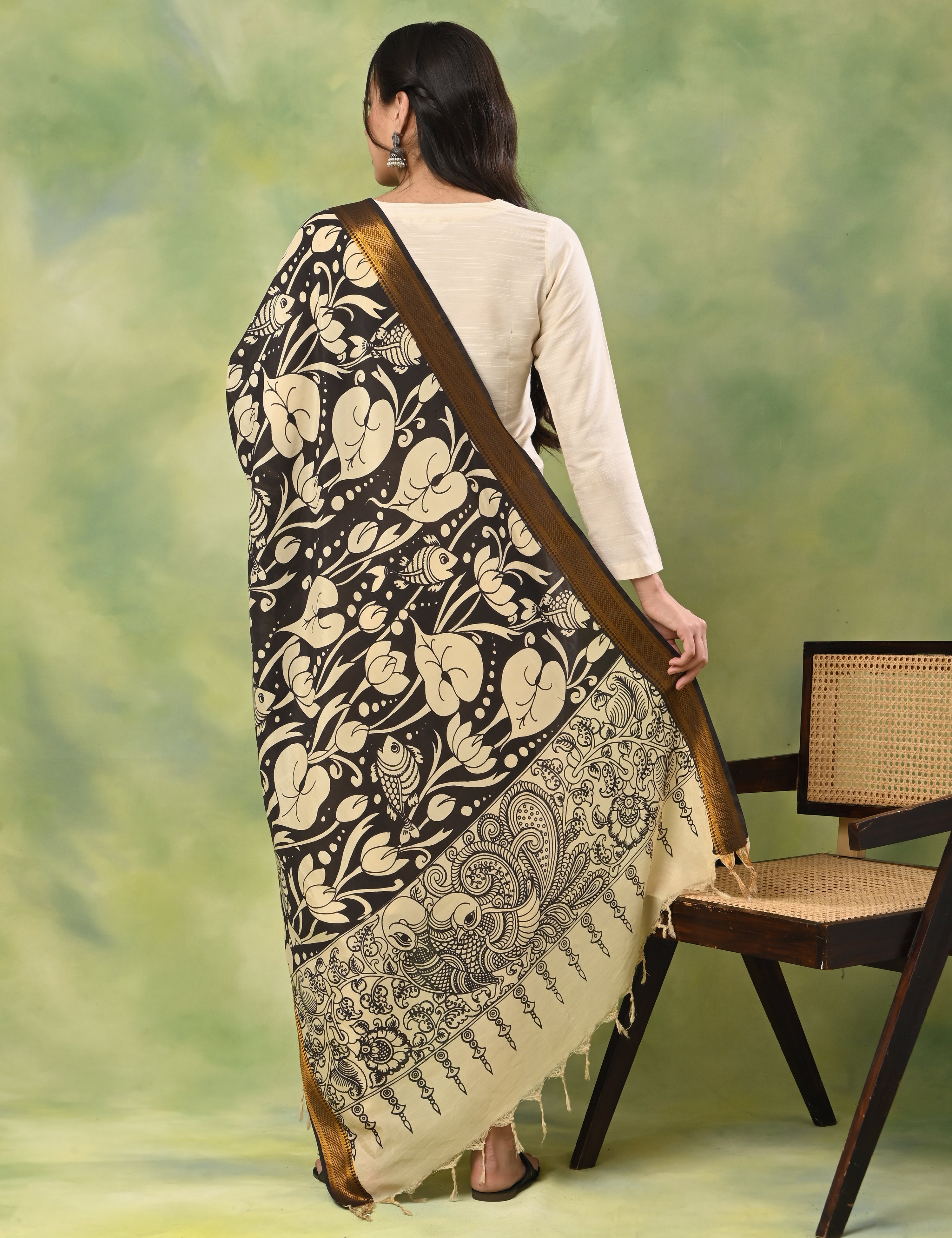 Thavare Charcoal Pen Kalamkari Dupatta