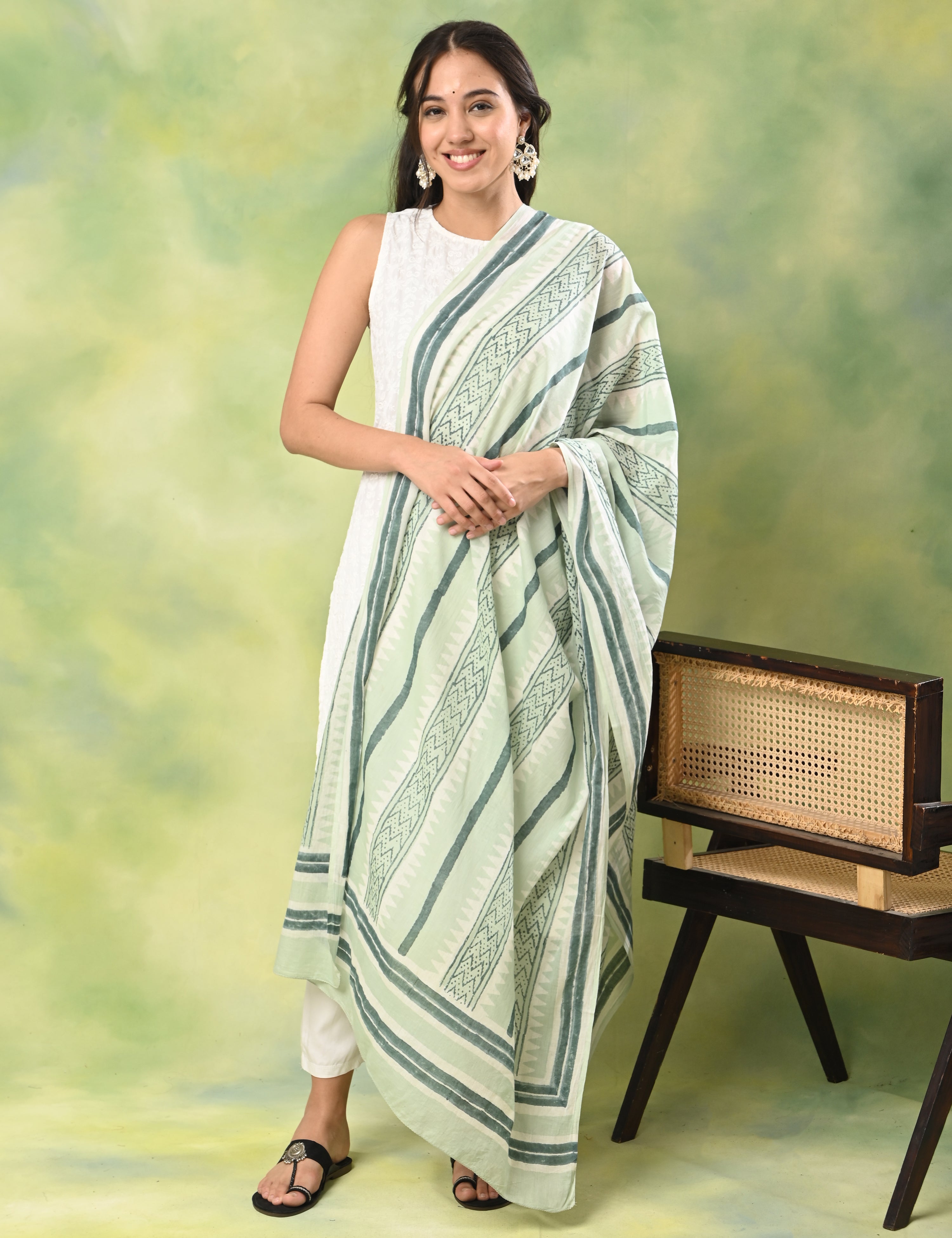 Patang Mint Block Print Dupatta