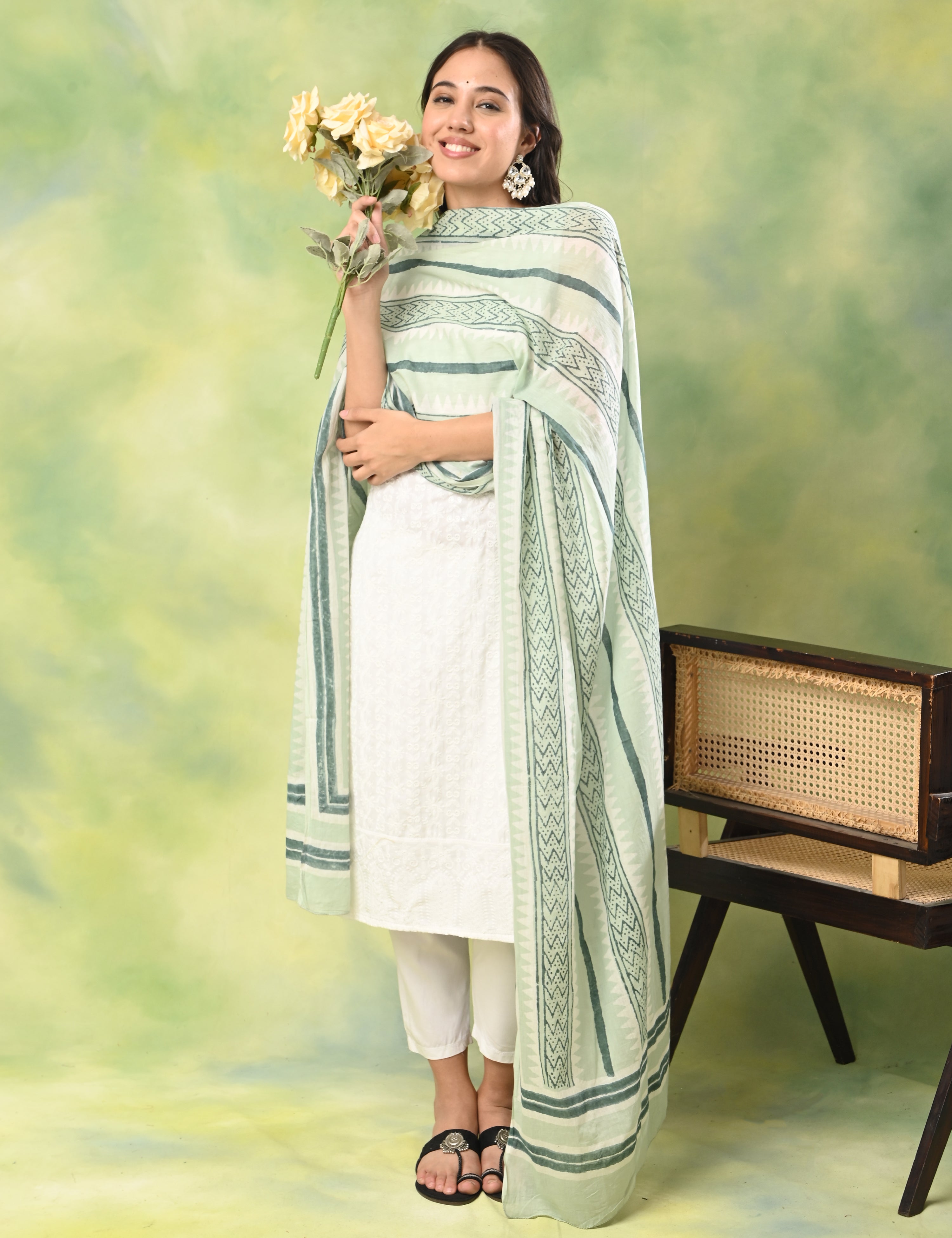 Patang Mint Block Print Dupatta