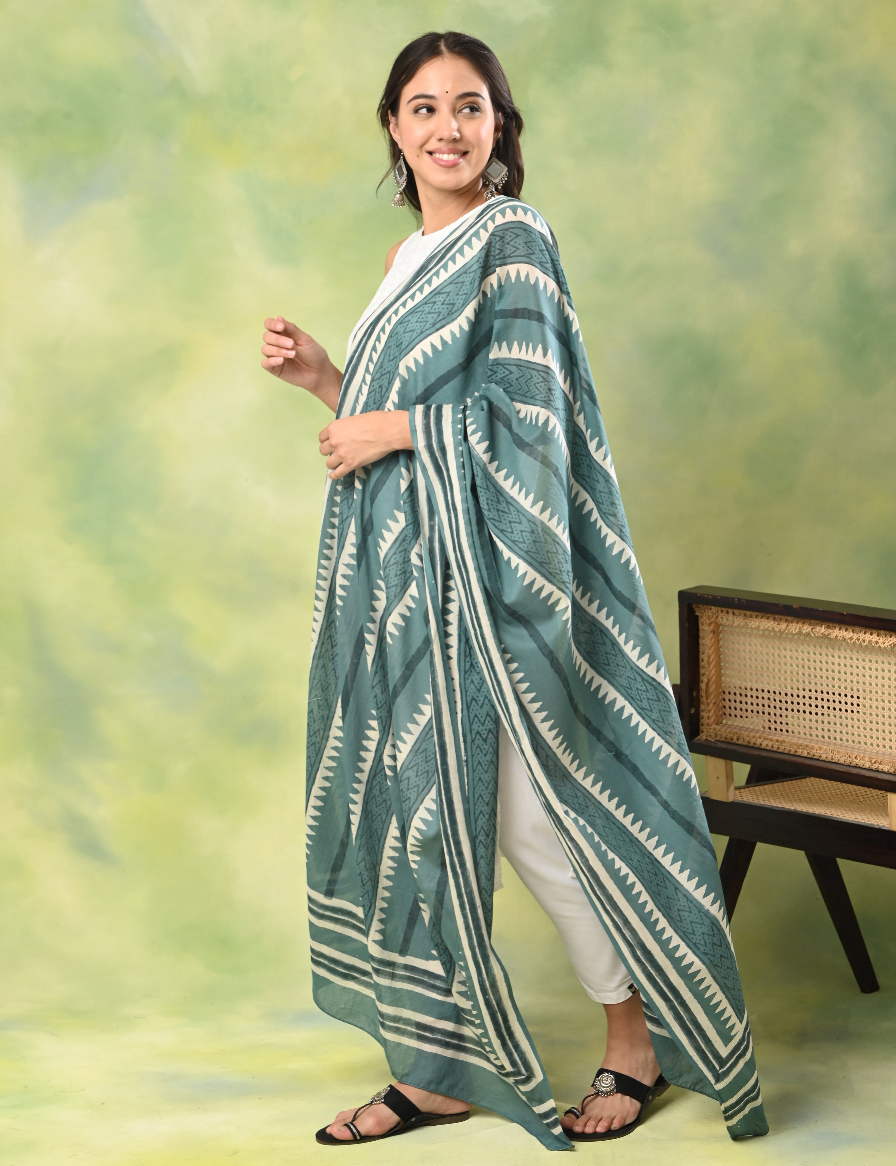 Patang Teal Block Print Dupatta