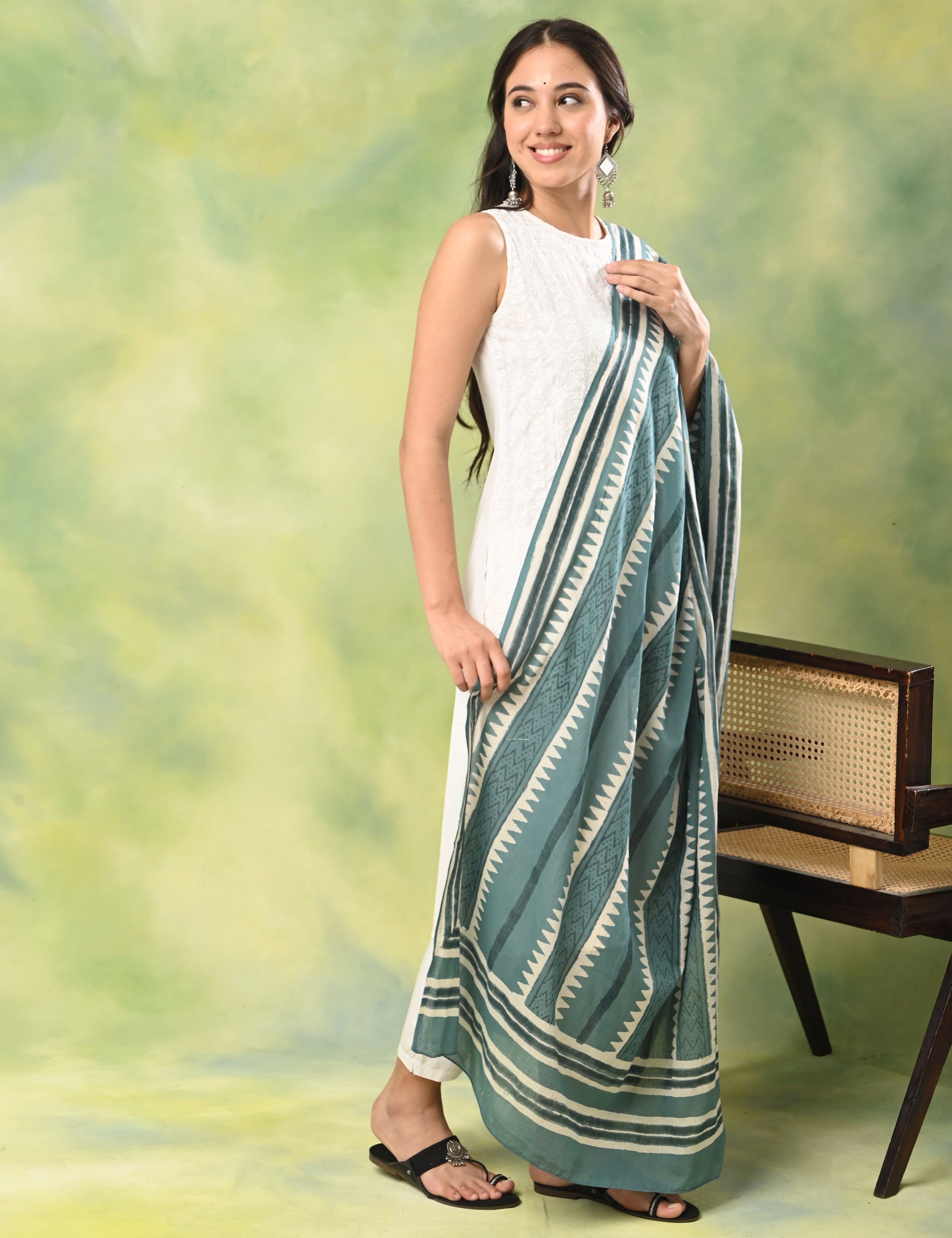 Patang Teal Block Print Dupatta