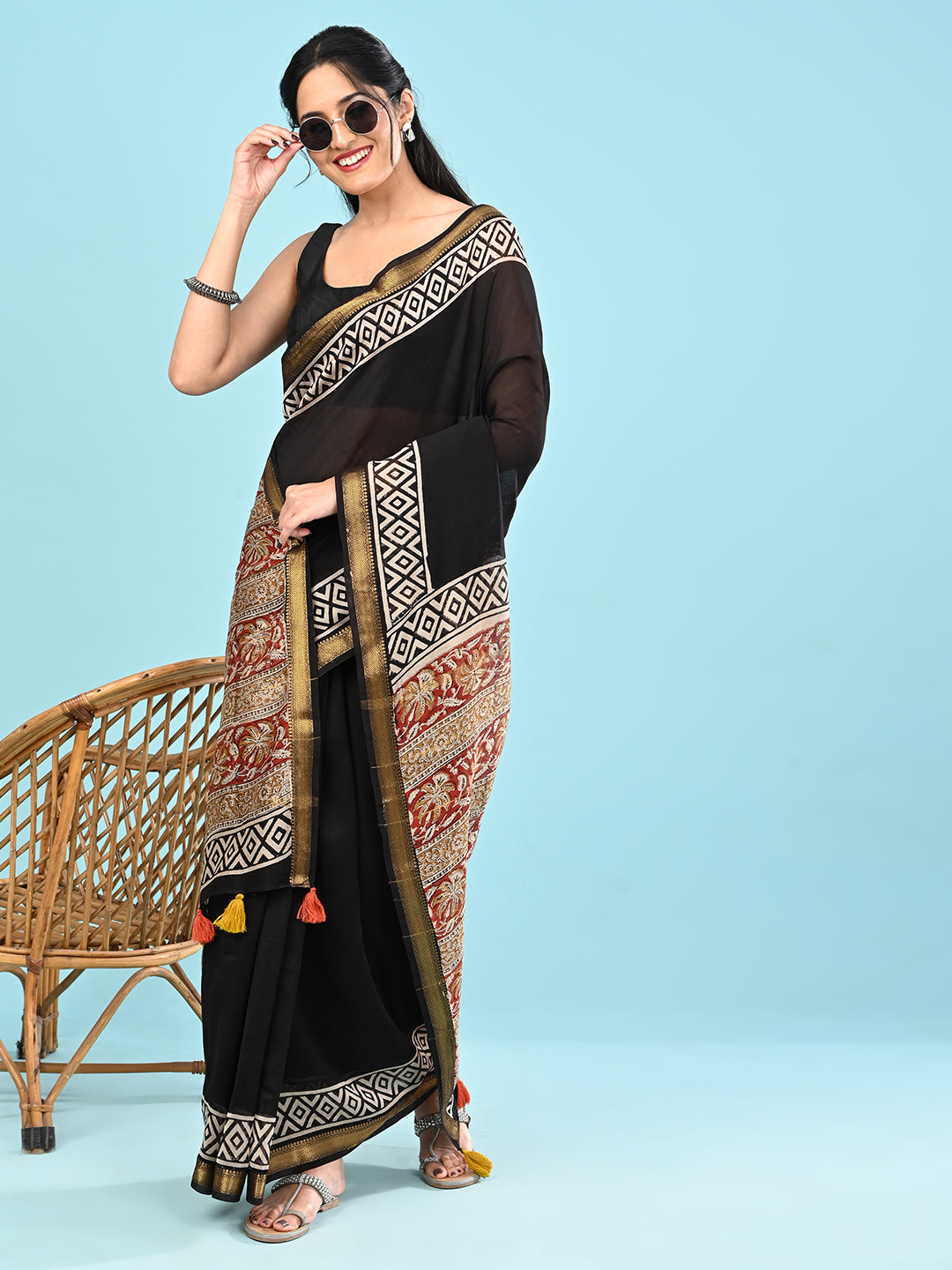 Pushpavali Black Block Print Saree
