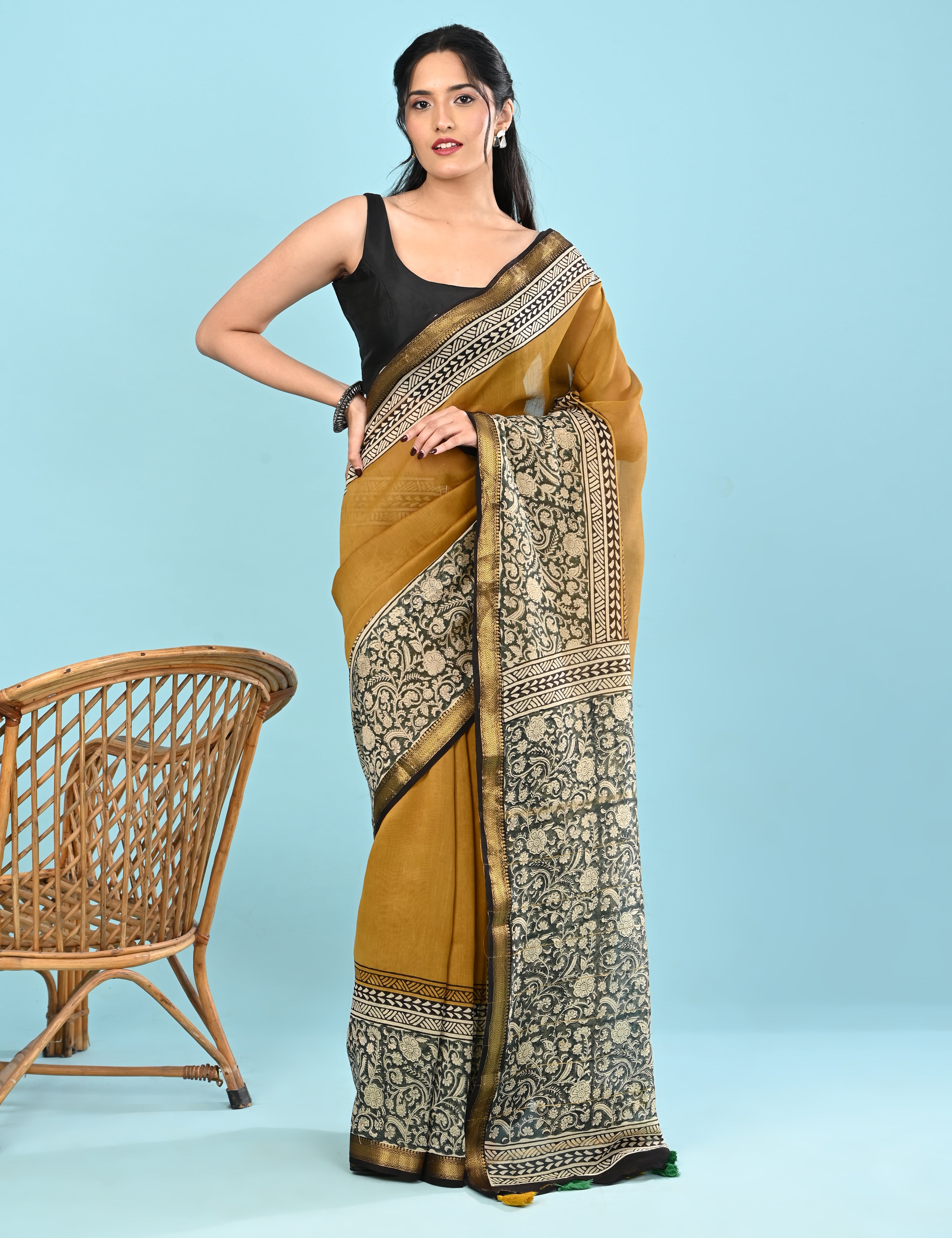Pushpavali Mustard Block Print Saree