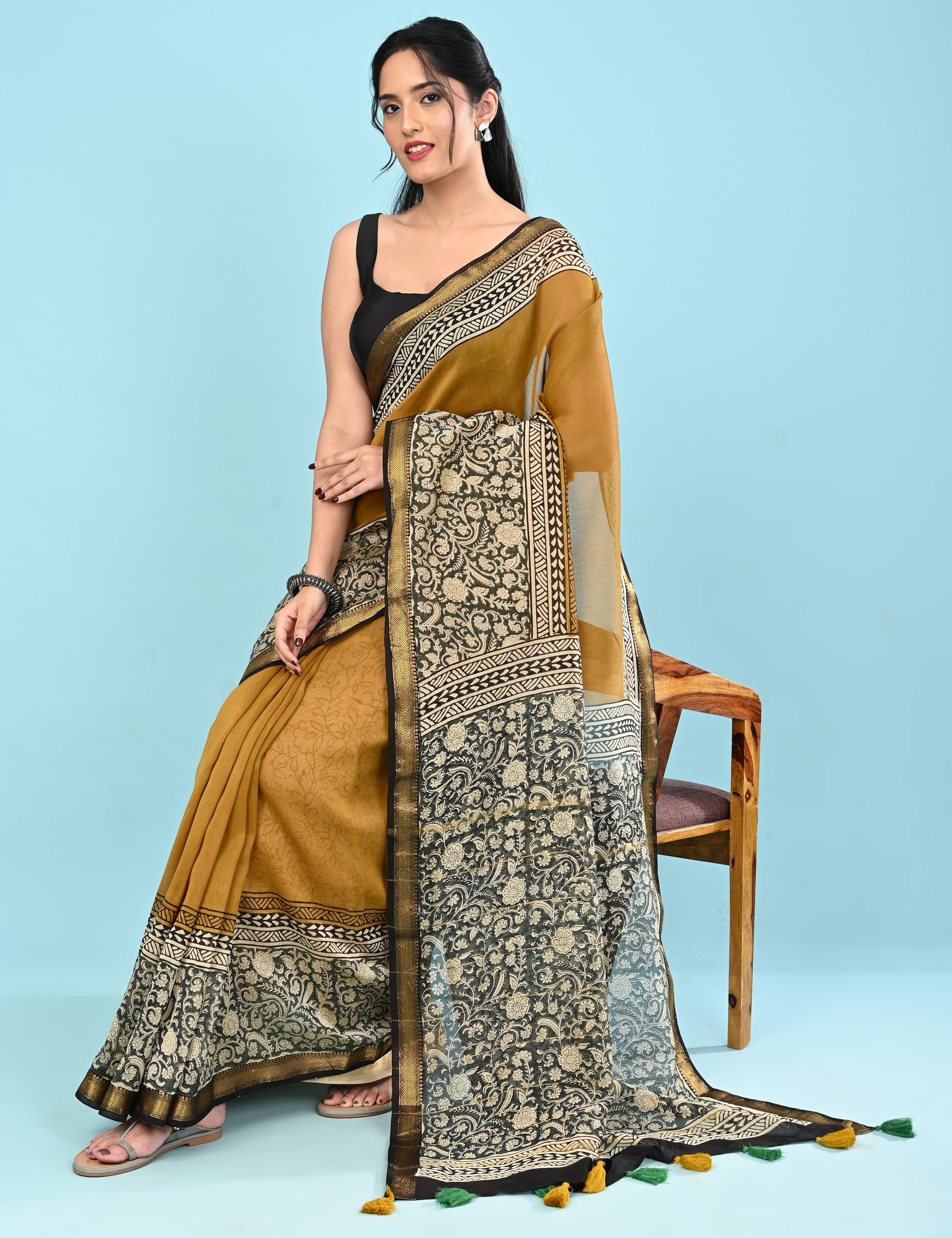 Pushpavali Mustard Block Print Saree