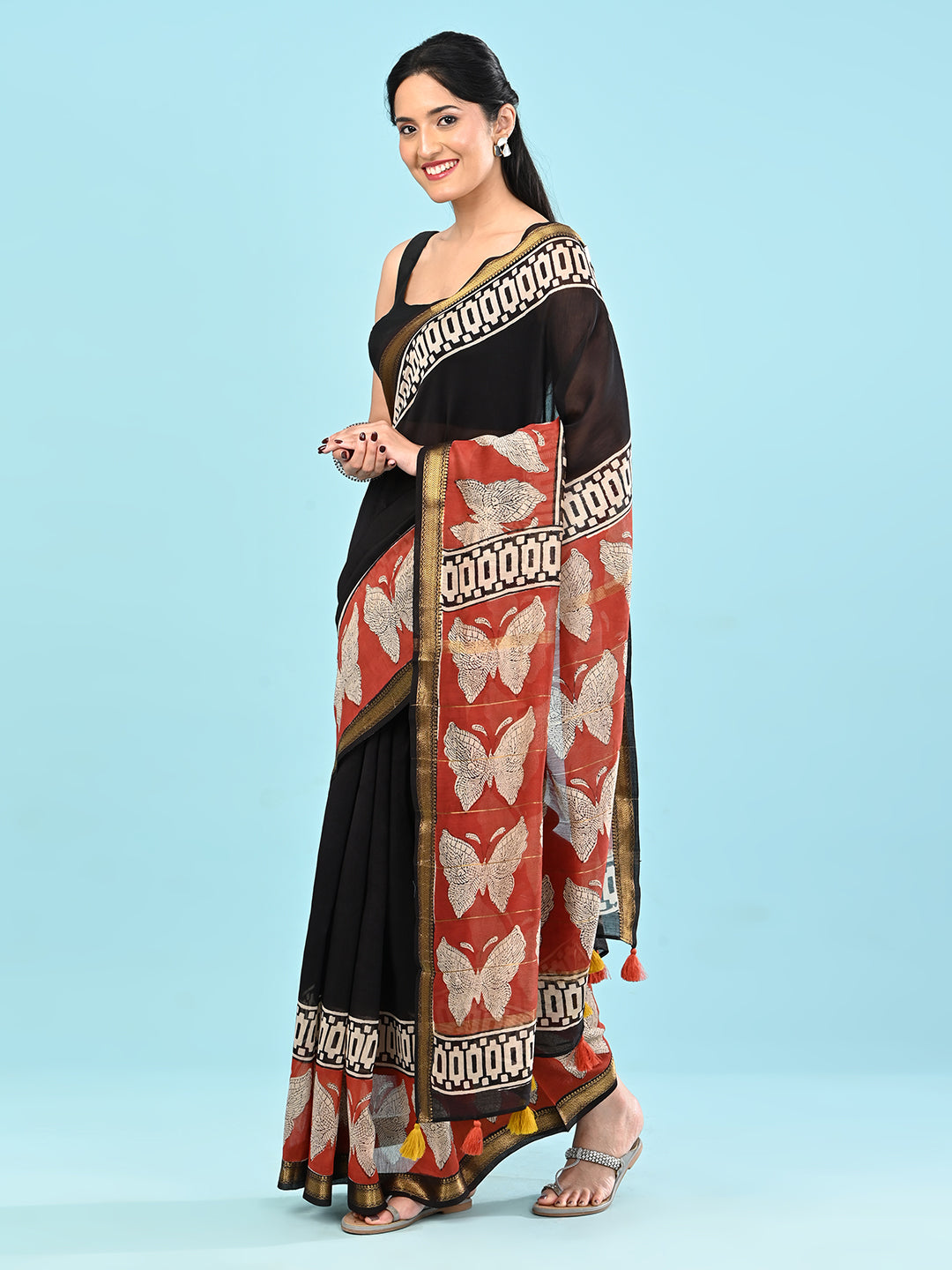 Pushpavali Black Block Print Saree