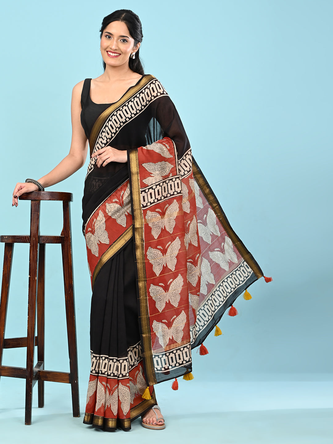 Pushpavali Black Block Print Saree