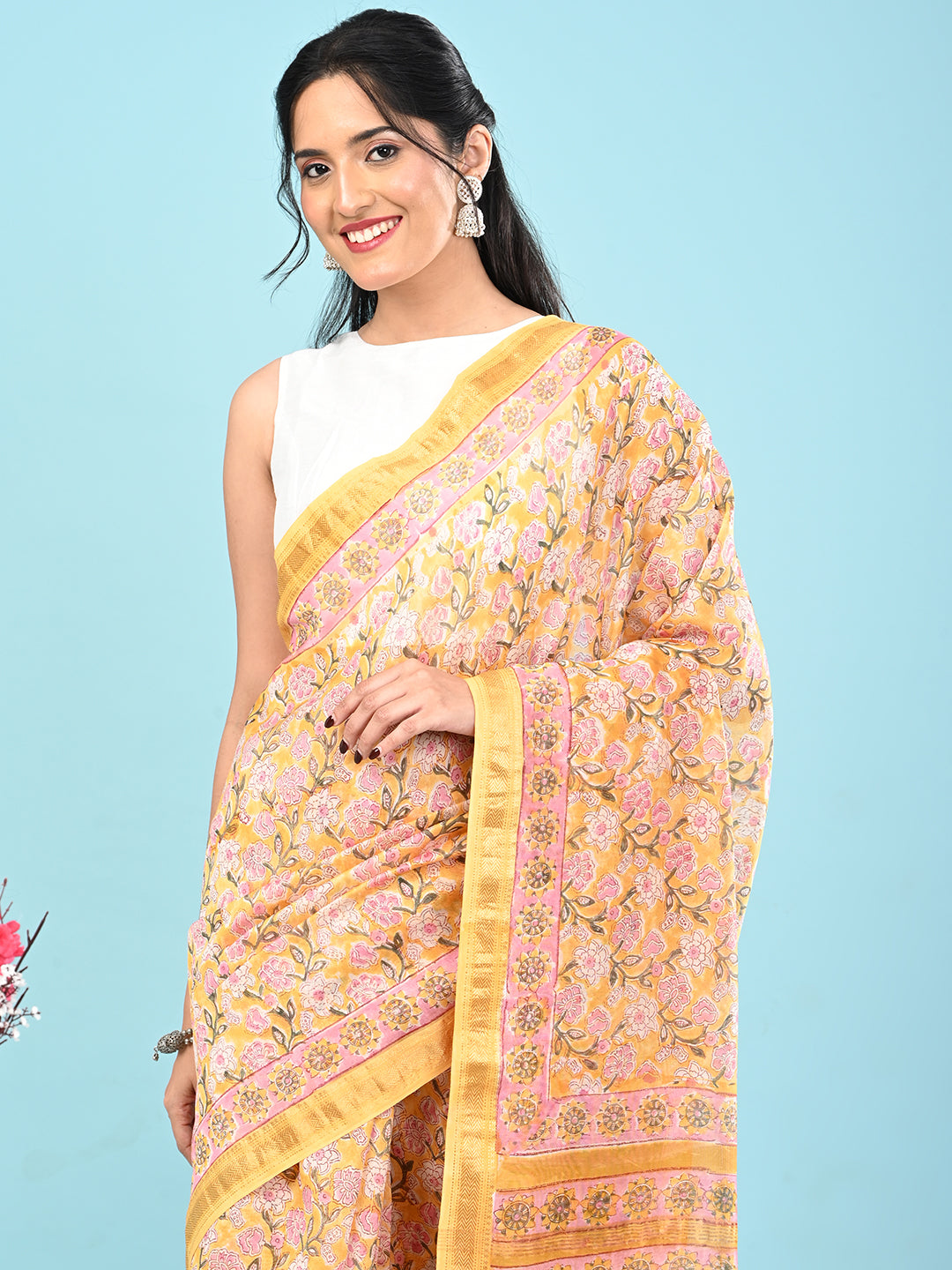 Marupushpa Yellow Block Print Saree