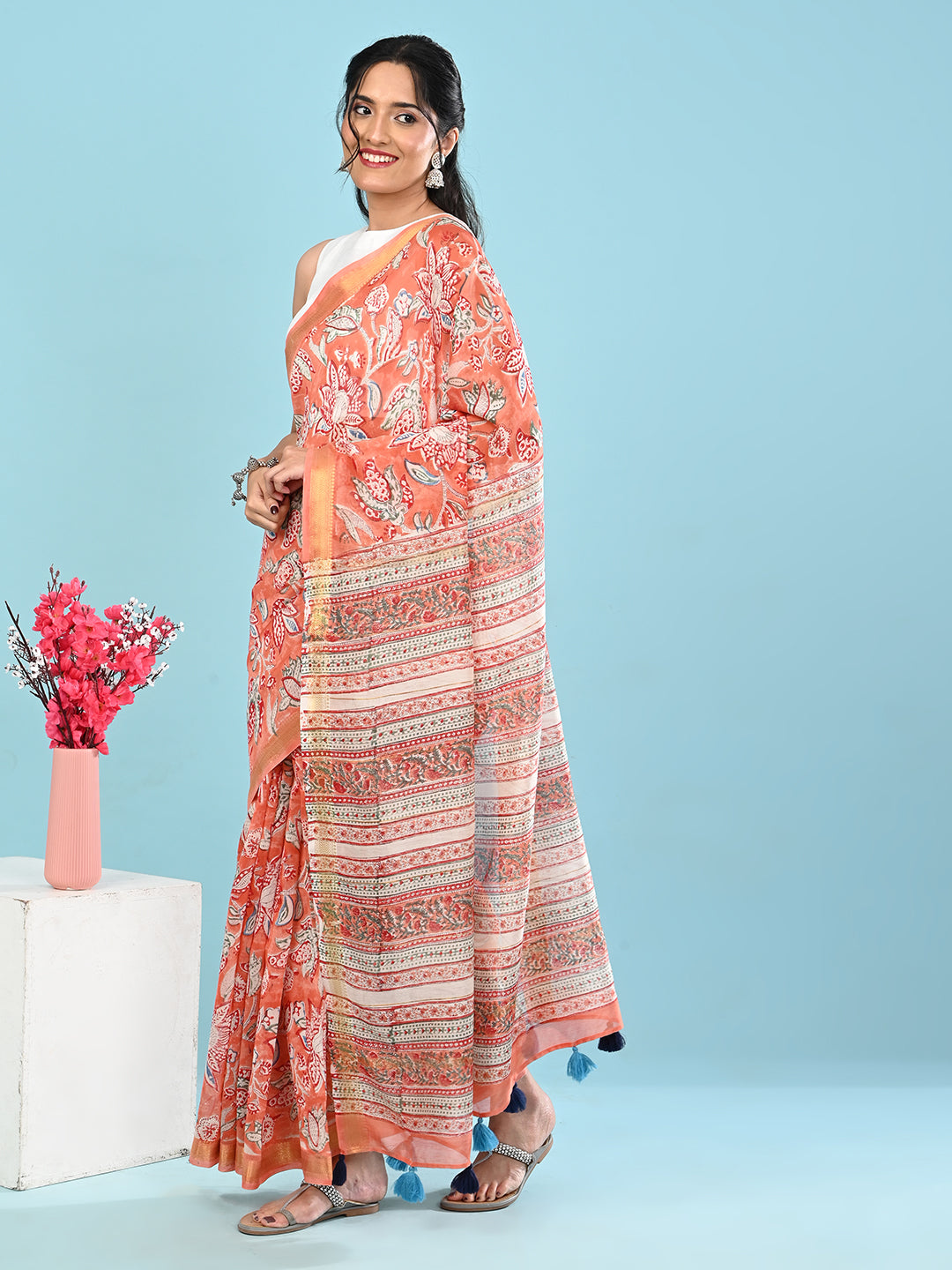 Marupushpa Coral Block Print Saree