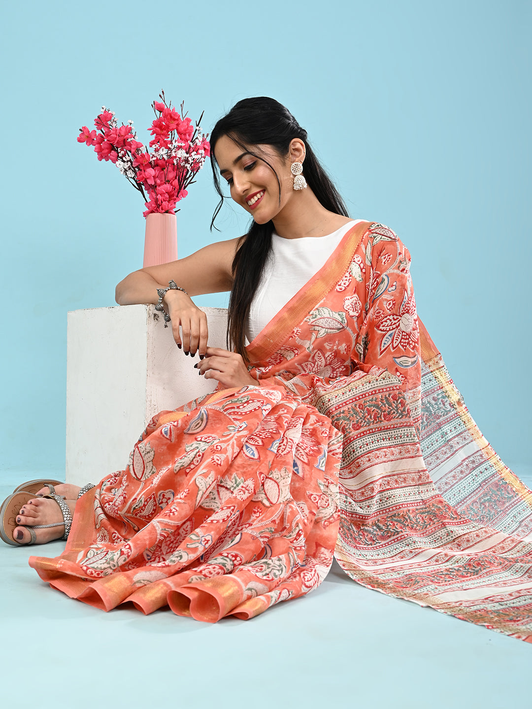 Marupushpa Coral Block Print Saree