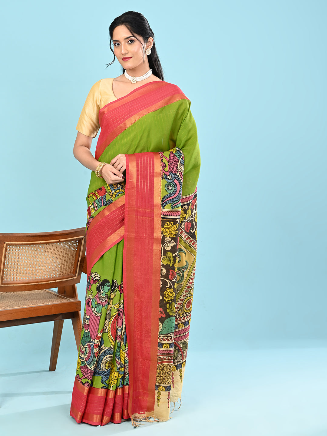 Manjari Parrot Green Pen Kalamkari Saree
