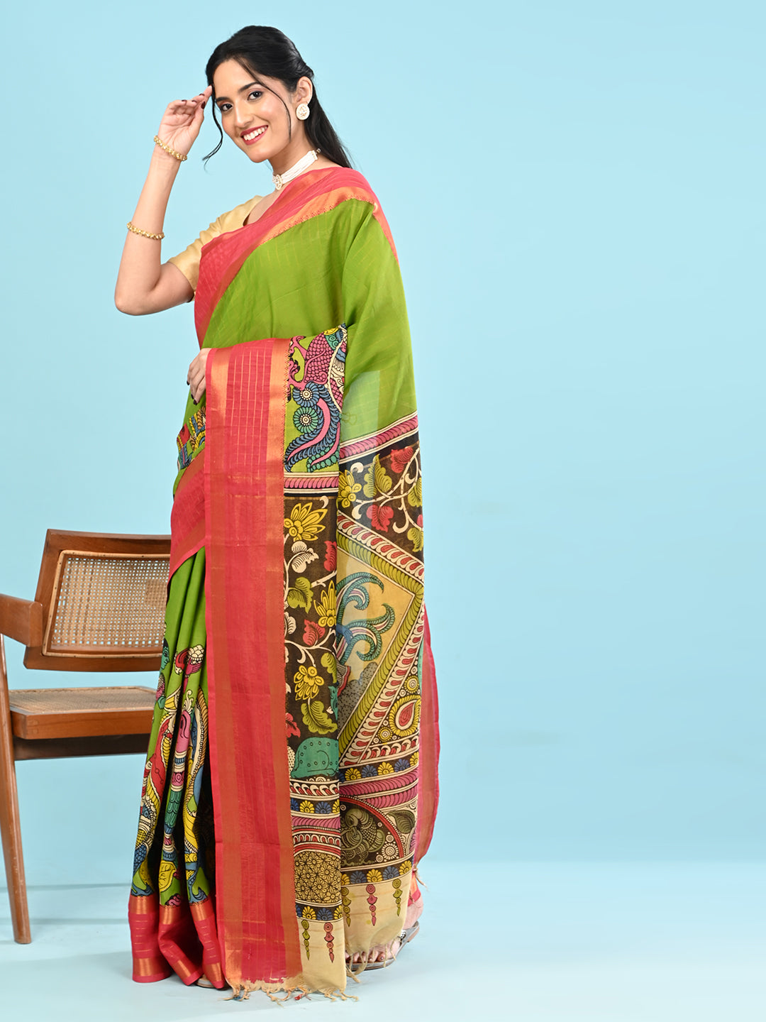 Manjari Parrot Green Pen Kalamkari Saree