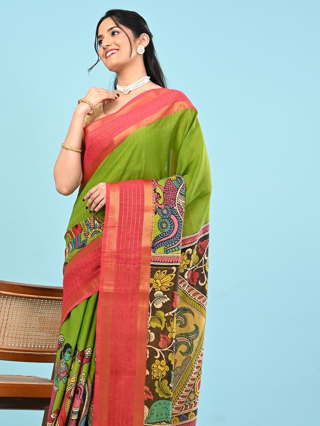 Manjari Parrot Green Pen Kalamkari Saree