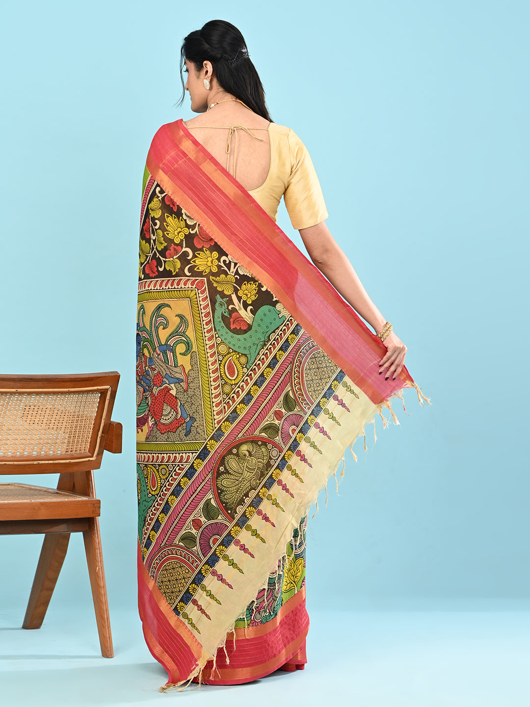 Manjari Parrot Green Pen Kalamkari Saree