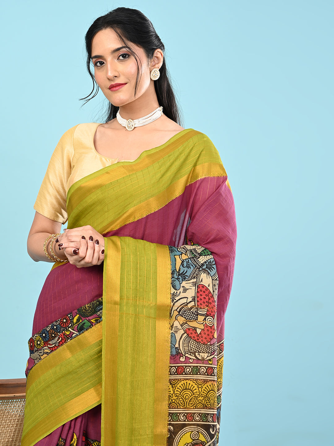 Manjari Purple Pen Kalamkari Saree