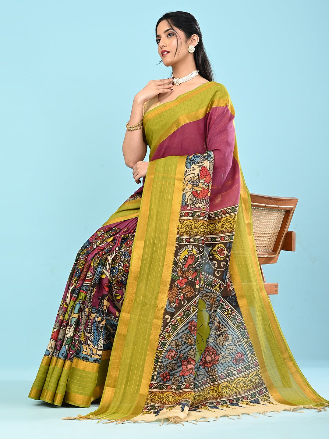 Manjari Purple Pen Kalamkari Saree