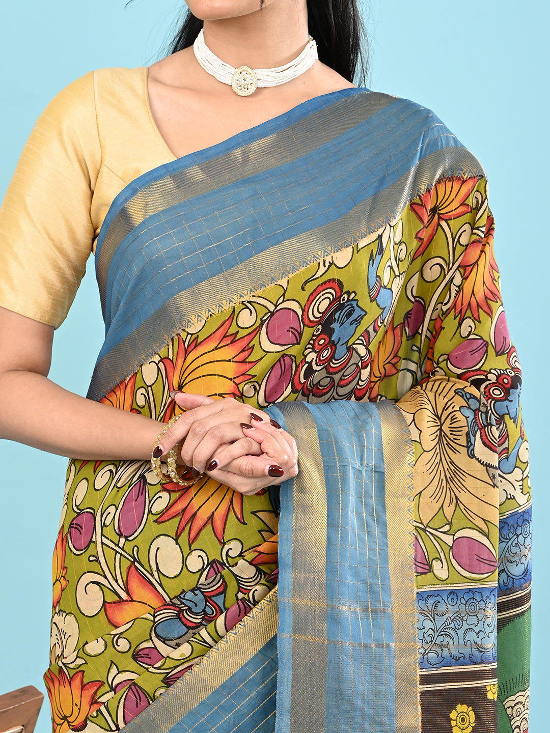 Manjari Lime Green Pen Kalamkari Saree