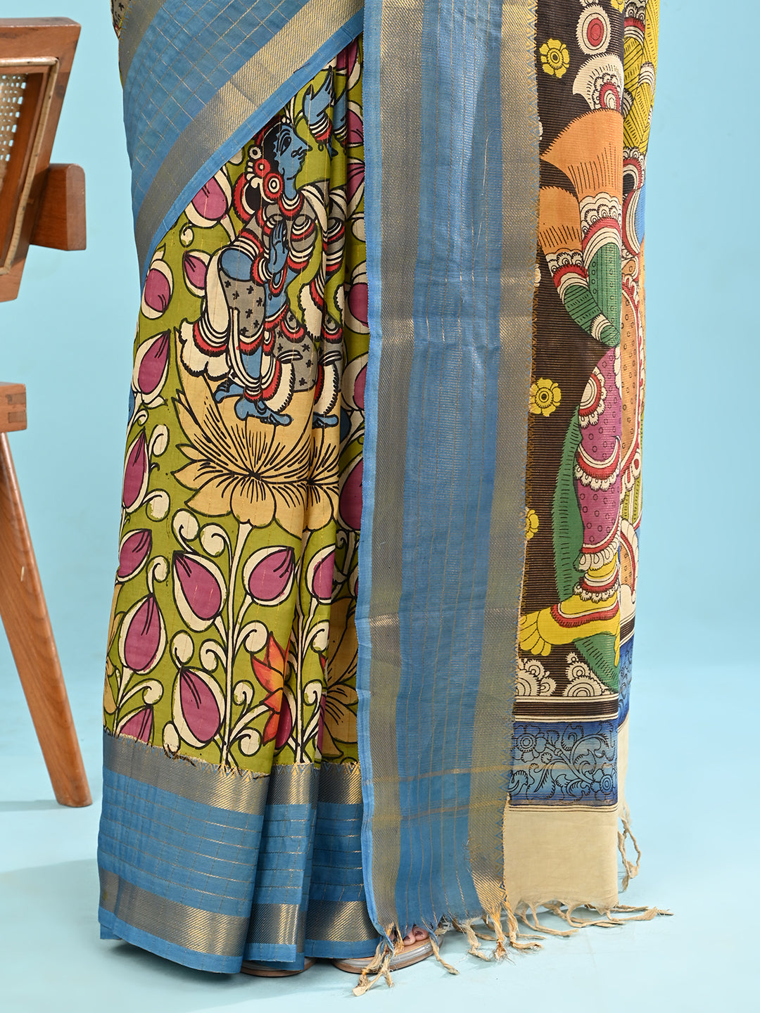 Manjari Lime Green Pen Kalamkari Saree