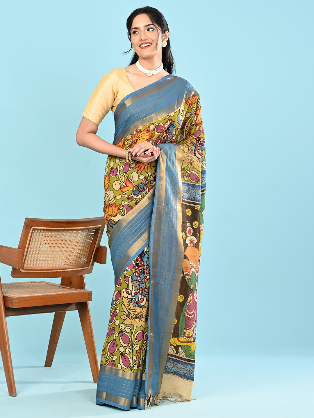 Manjari Lime Green Pen Kalamkari Saree