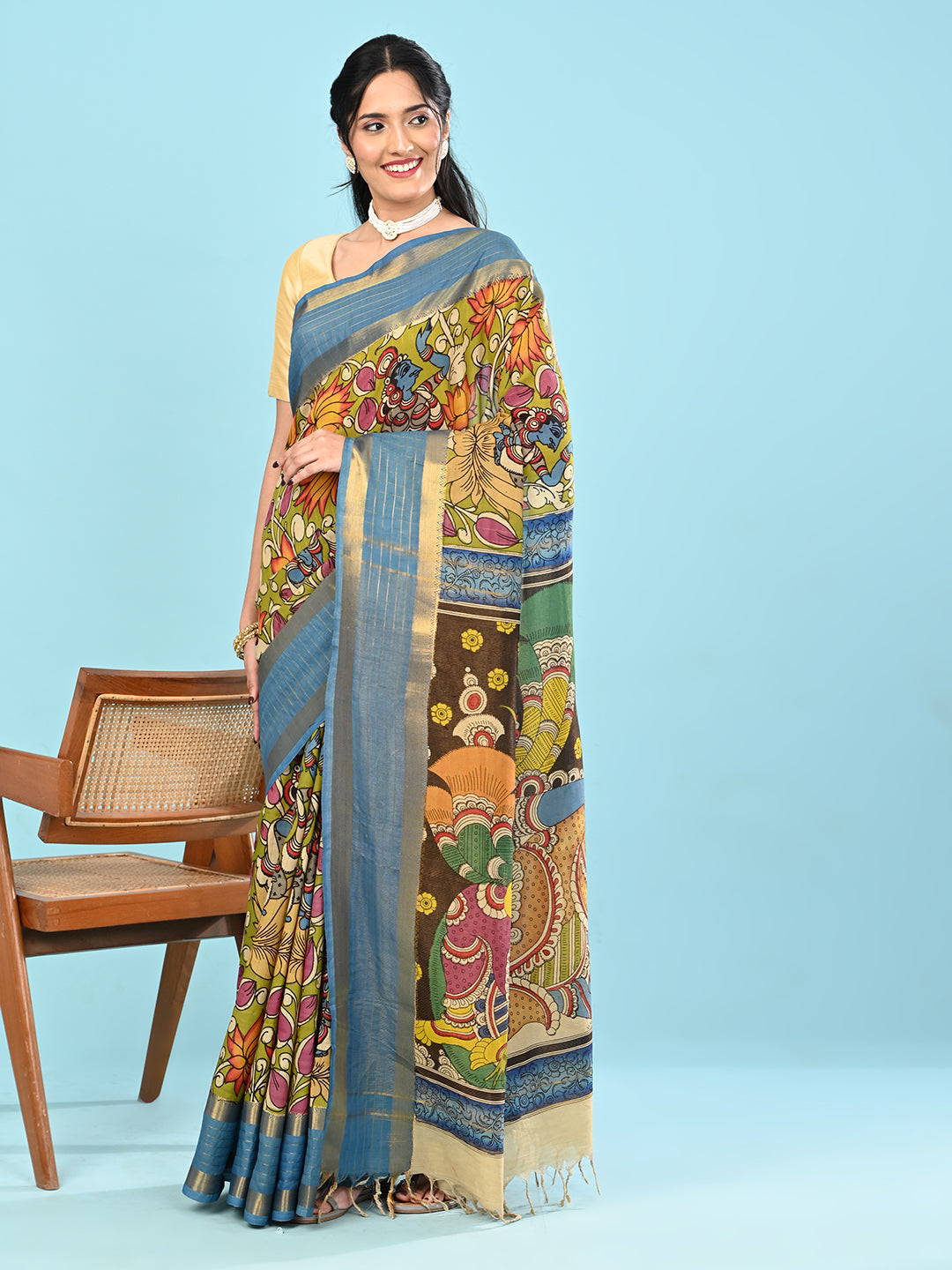 Manjari Lime Green Pen Kalamkari Saree