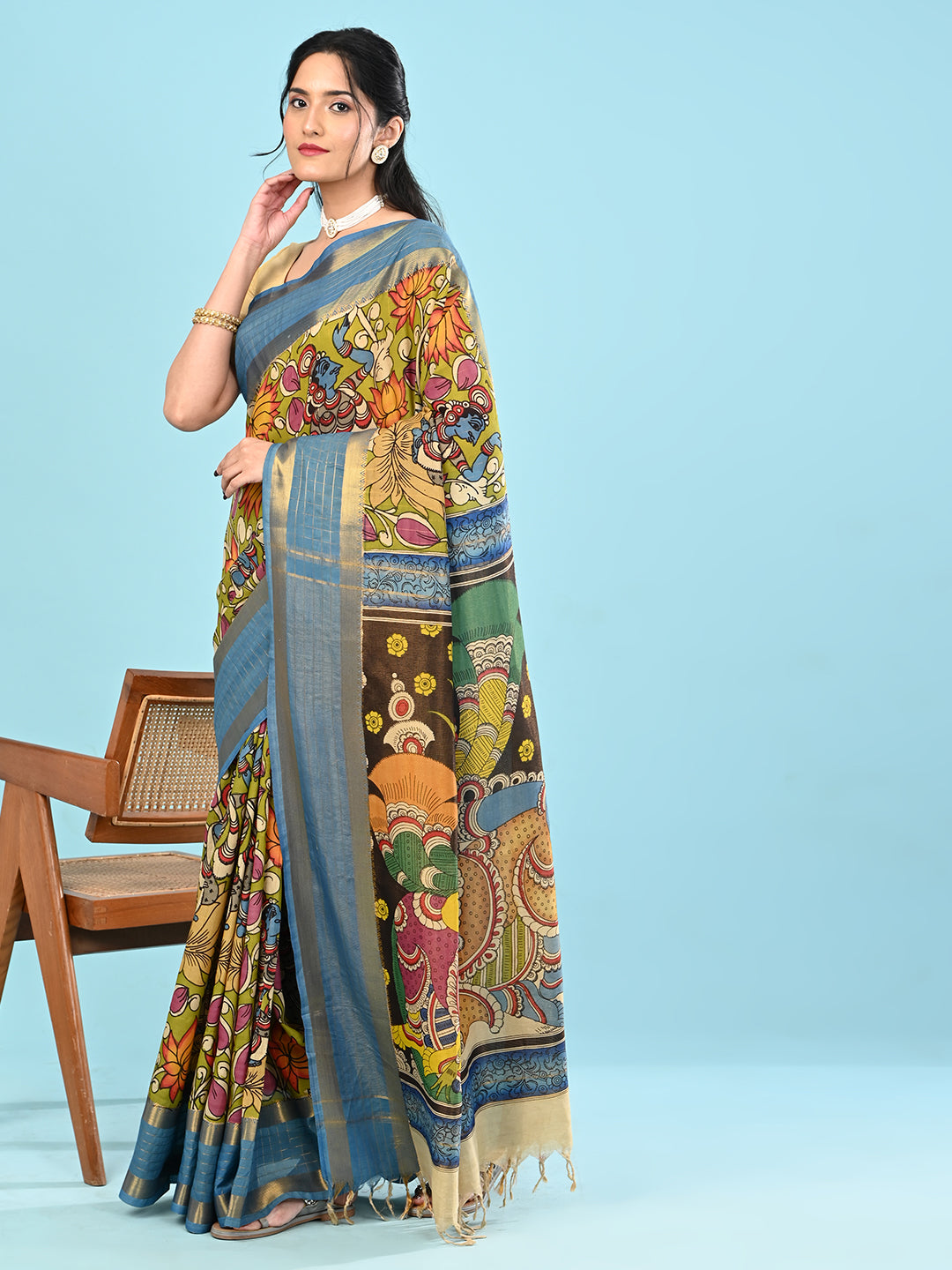 Manjari Lime Green Pen Kalamkari Saree