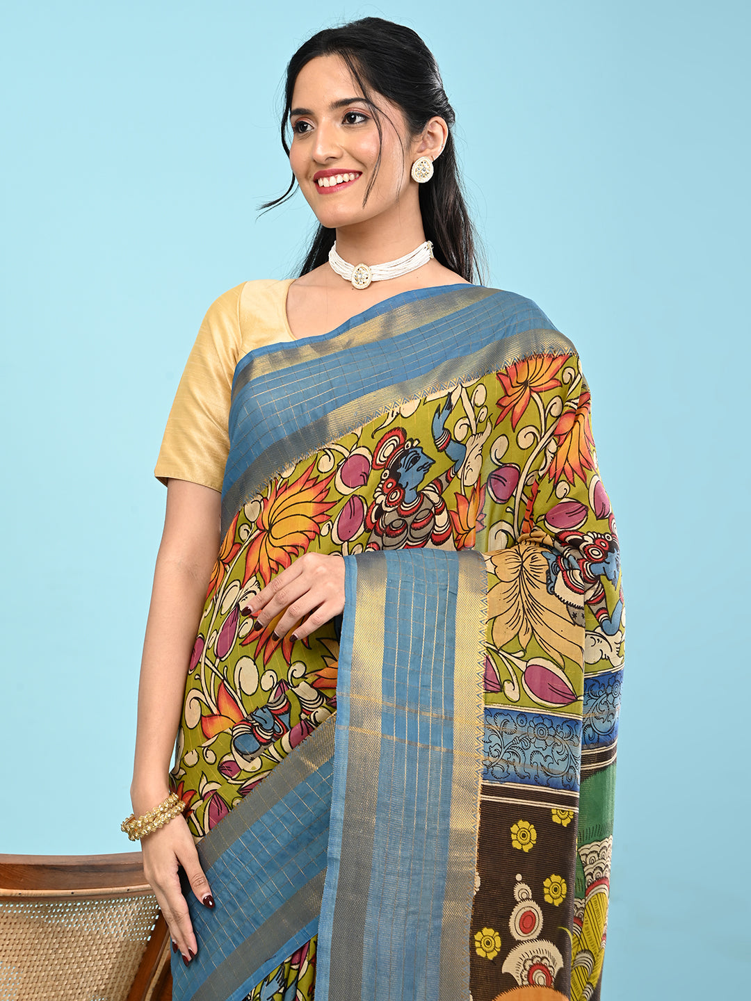 Manjari Lime Green Pen Kalamkari Saree