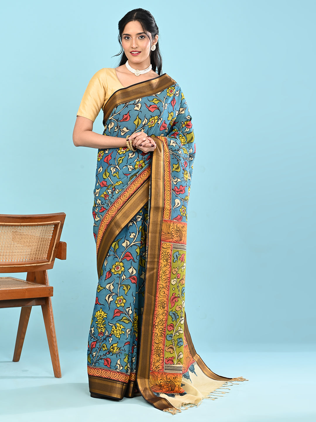 Manjari Blue Pen Kalamkari Saree
