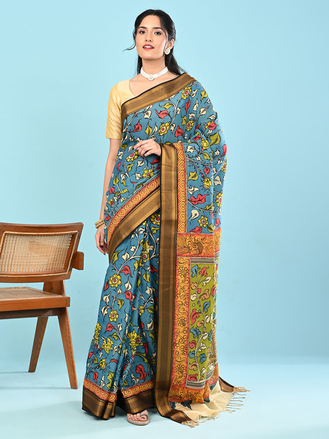 Manjari Blue Pen Kalamkari Saree