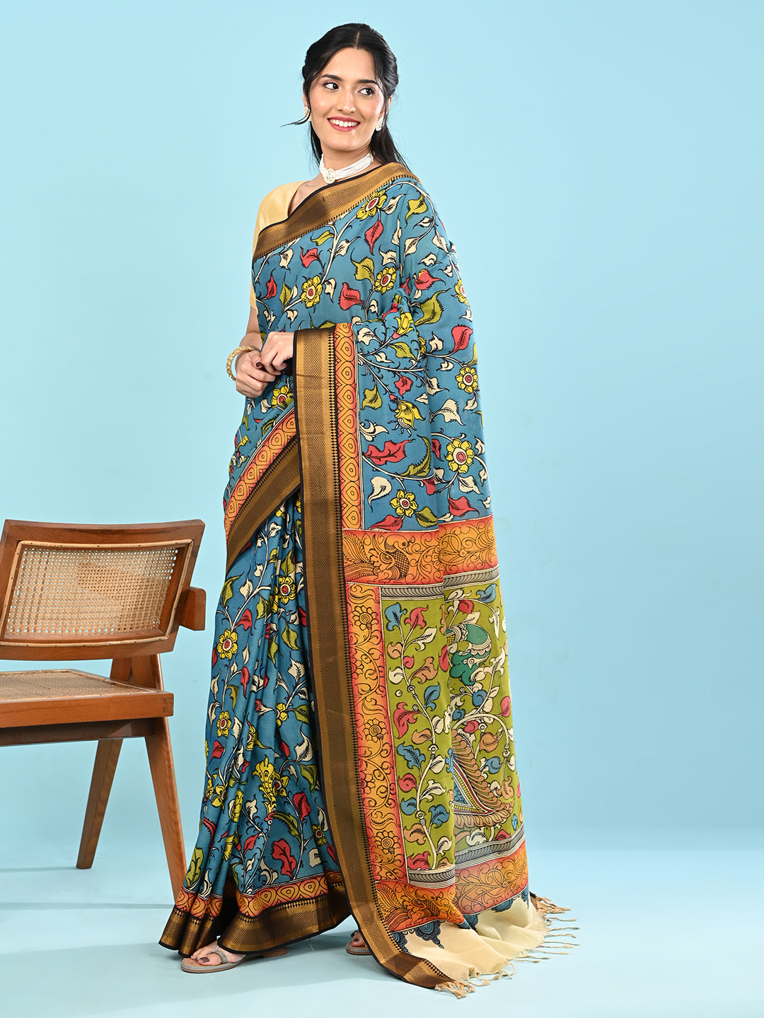 Manjari Blue Pen Kalamkari Saree