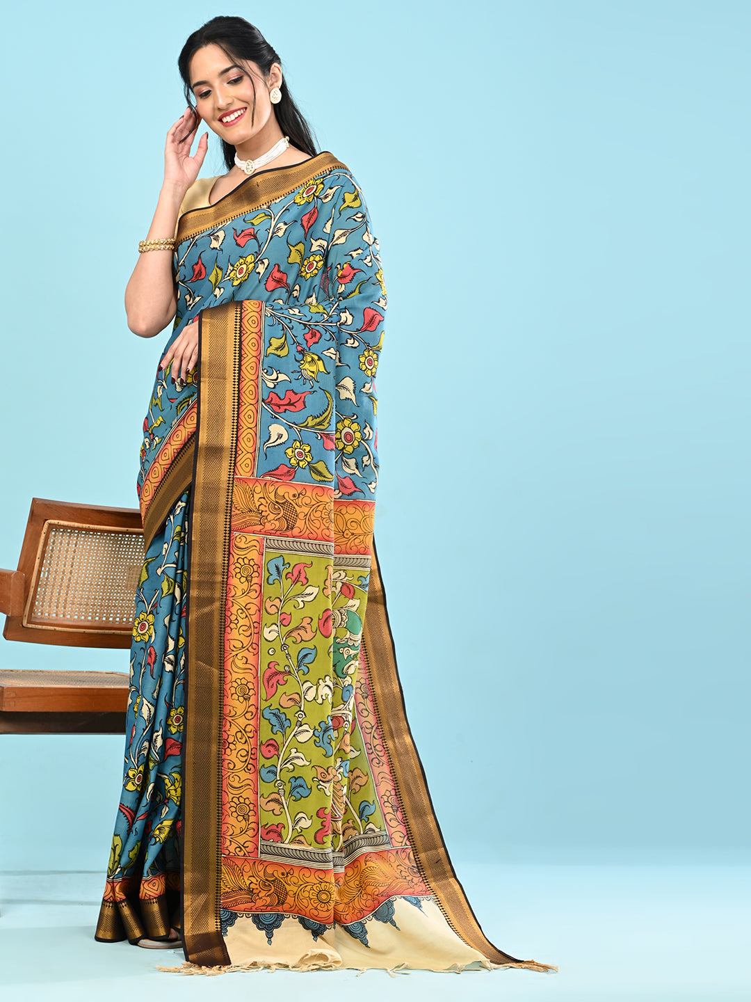 Manjari Blue Pen Kalamkari Saree