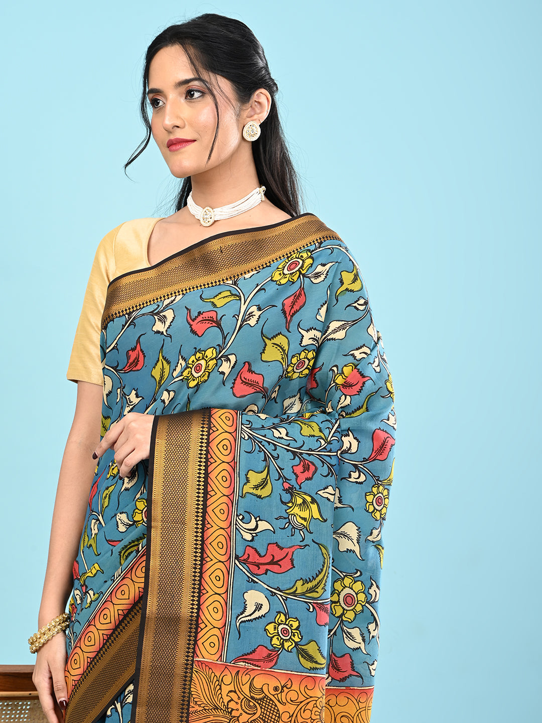 Manjari Blue Pen Kalamkari Saree