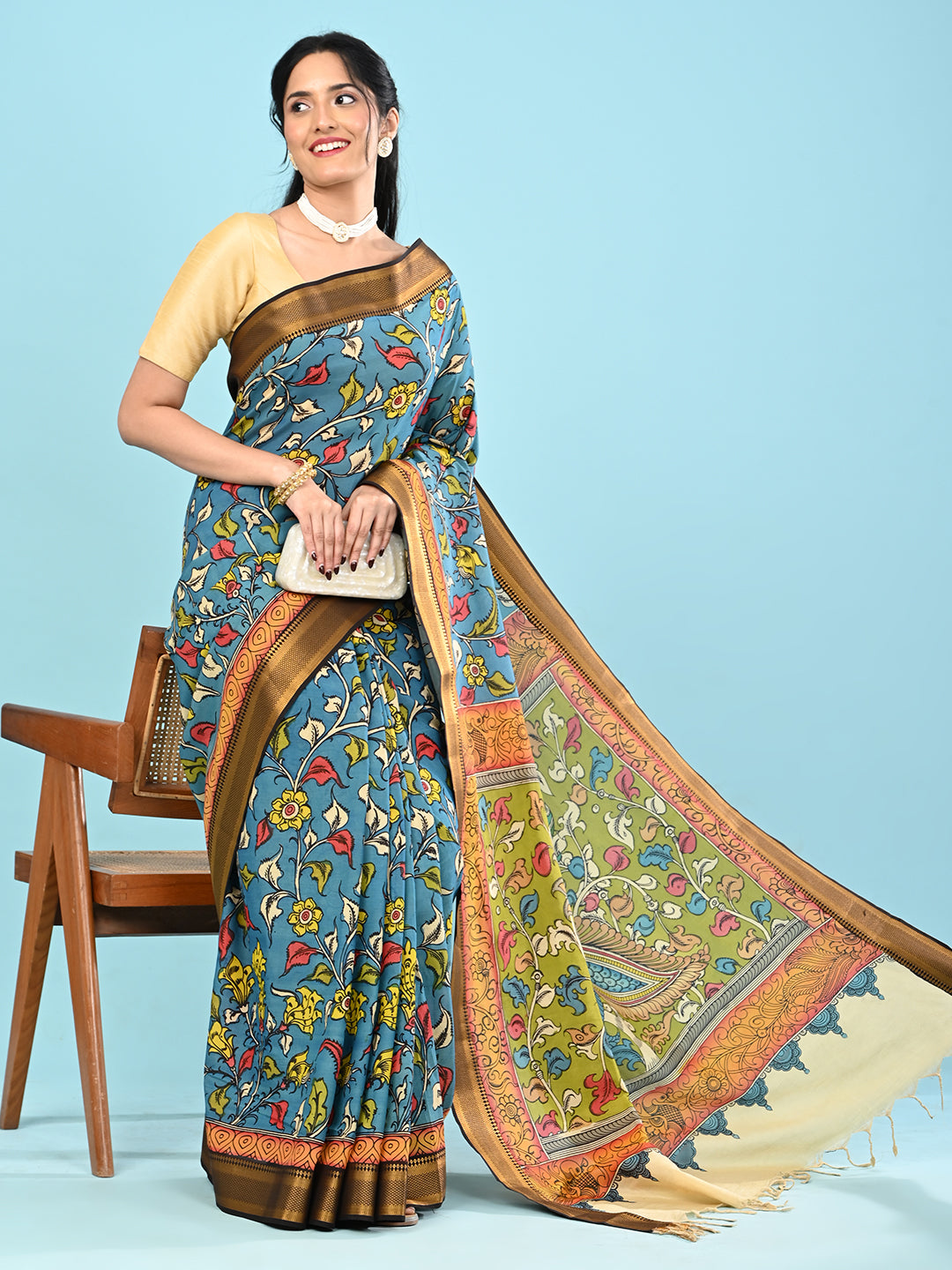 Manjari Blue Pen Kalamkari Saree