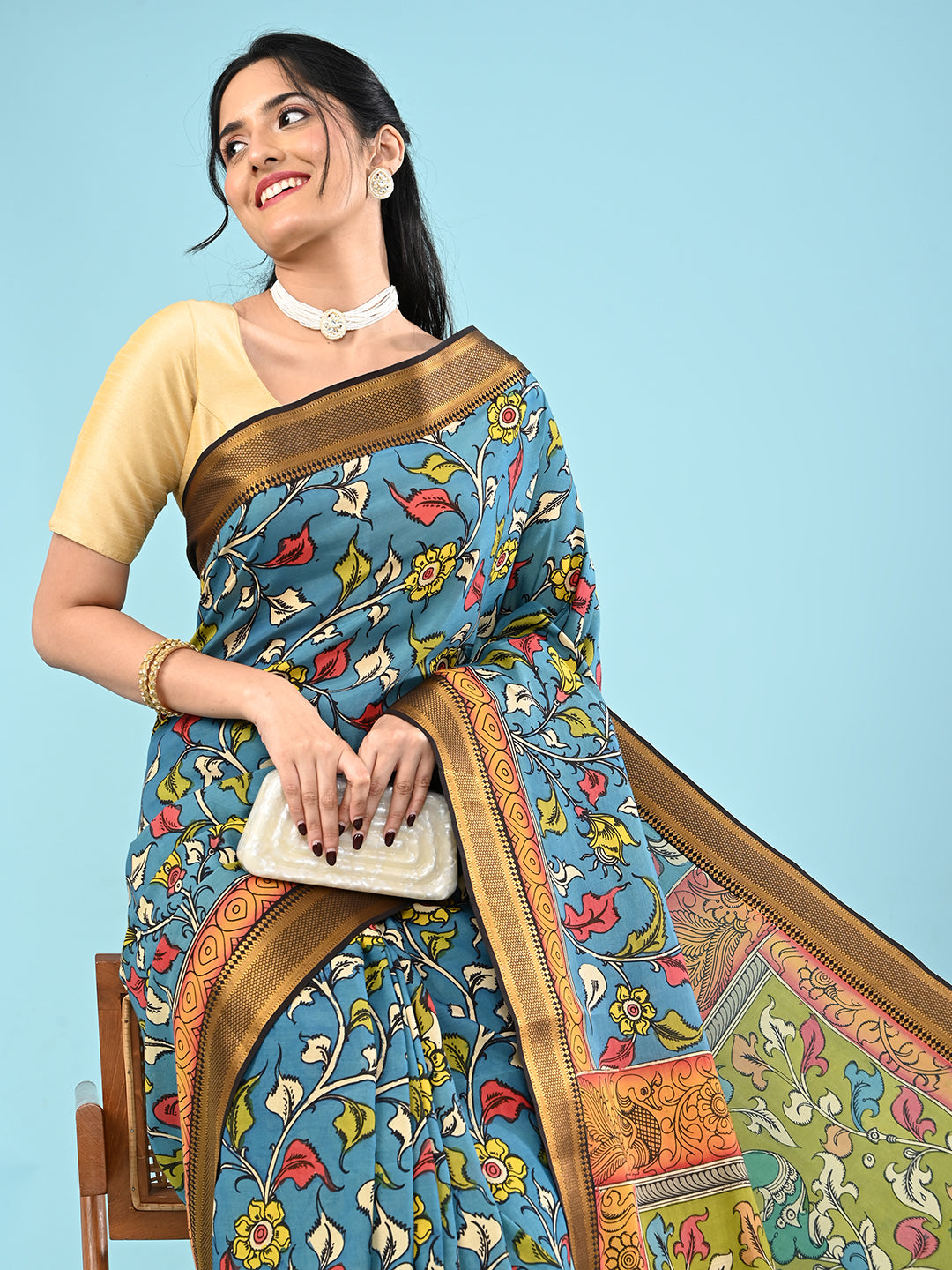 Manjari Blue Pen Kalamkari Saree