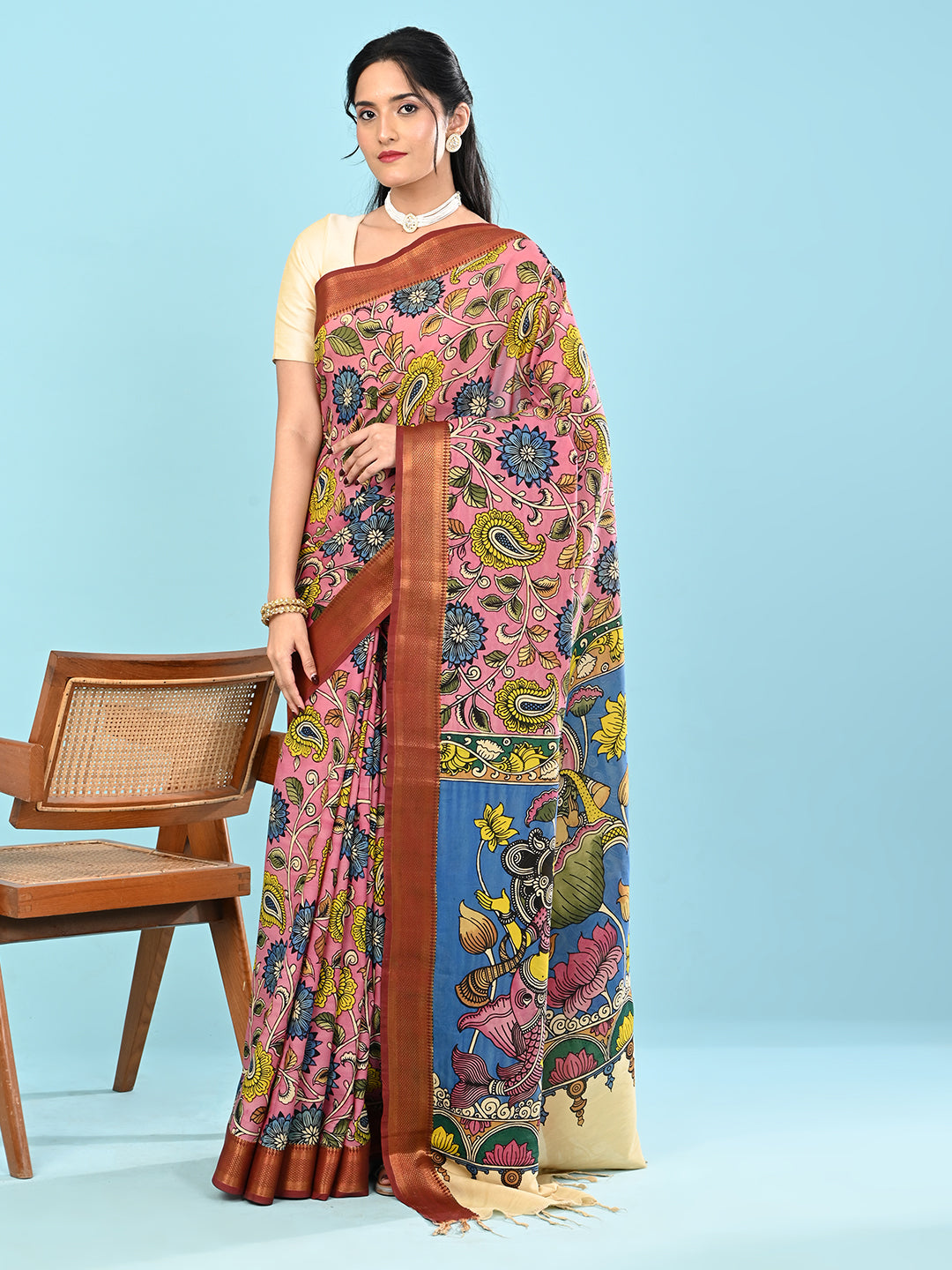 Manjari Pink Pen Kalamkari Saree