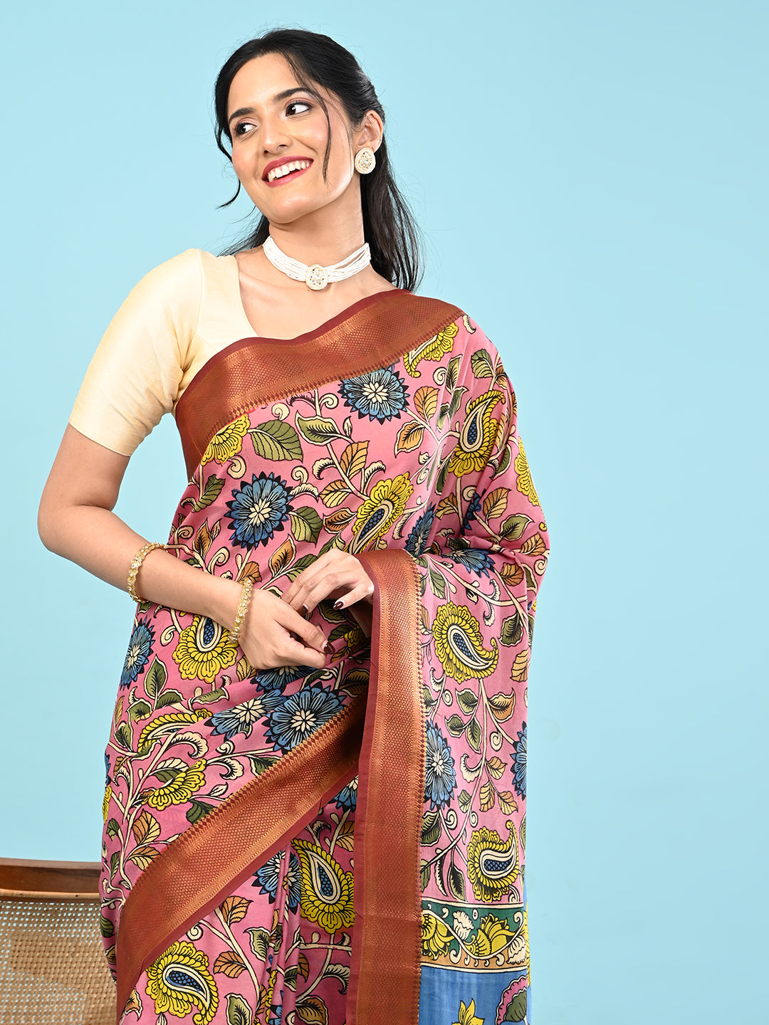 Manjari Pink Pen Kalamkari Saree