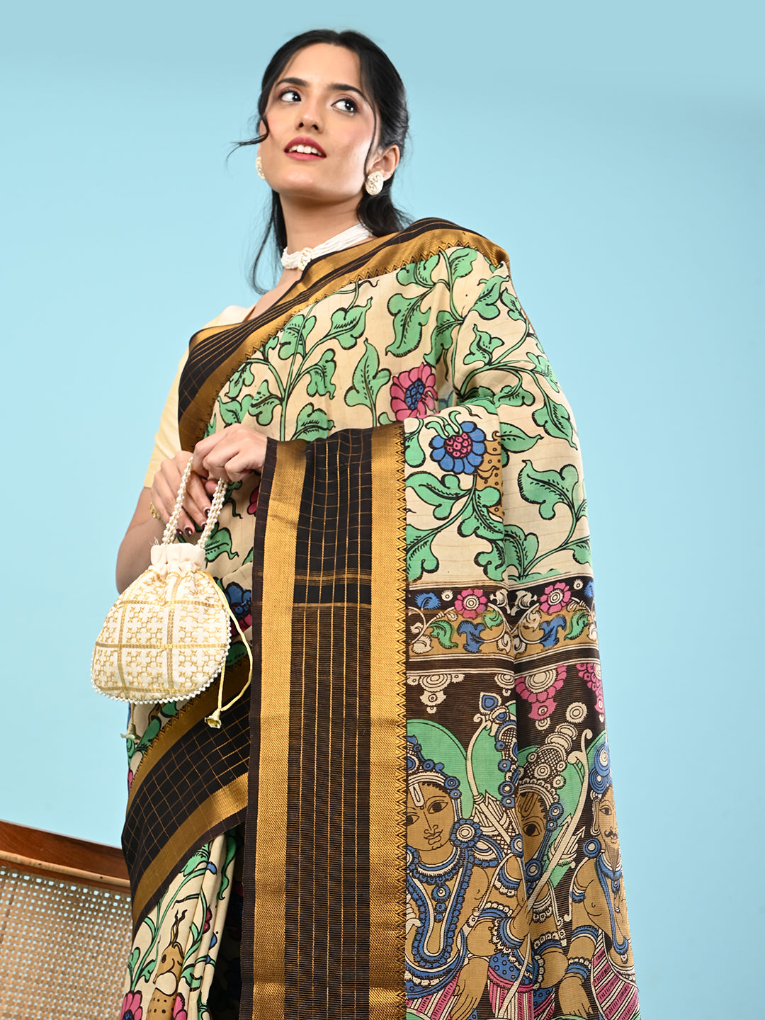 Manjari Cream Pen Kalamkari Saree