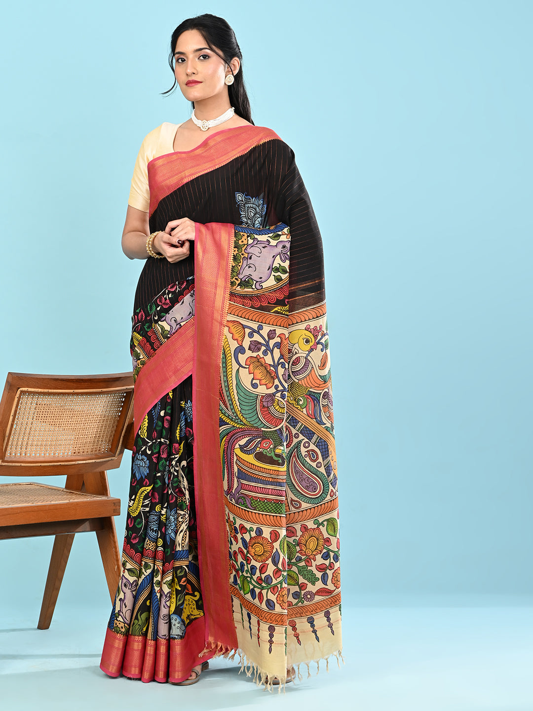 Manjari Black Pen Kalamkari Saree