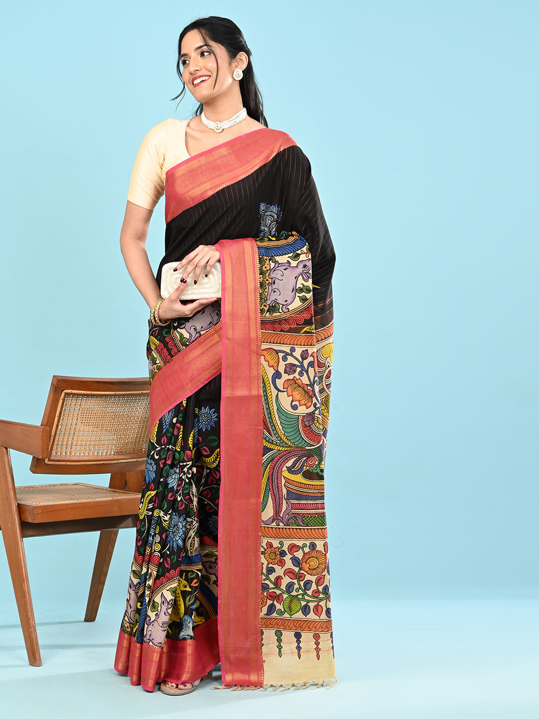 Manjari Black Pen Kalamkari Saree