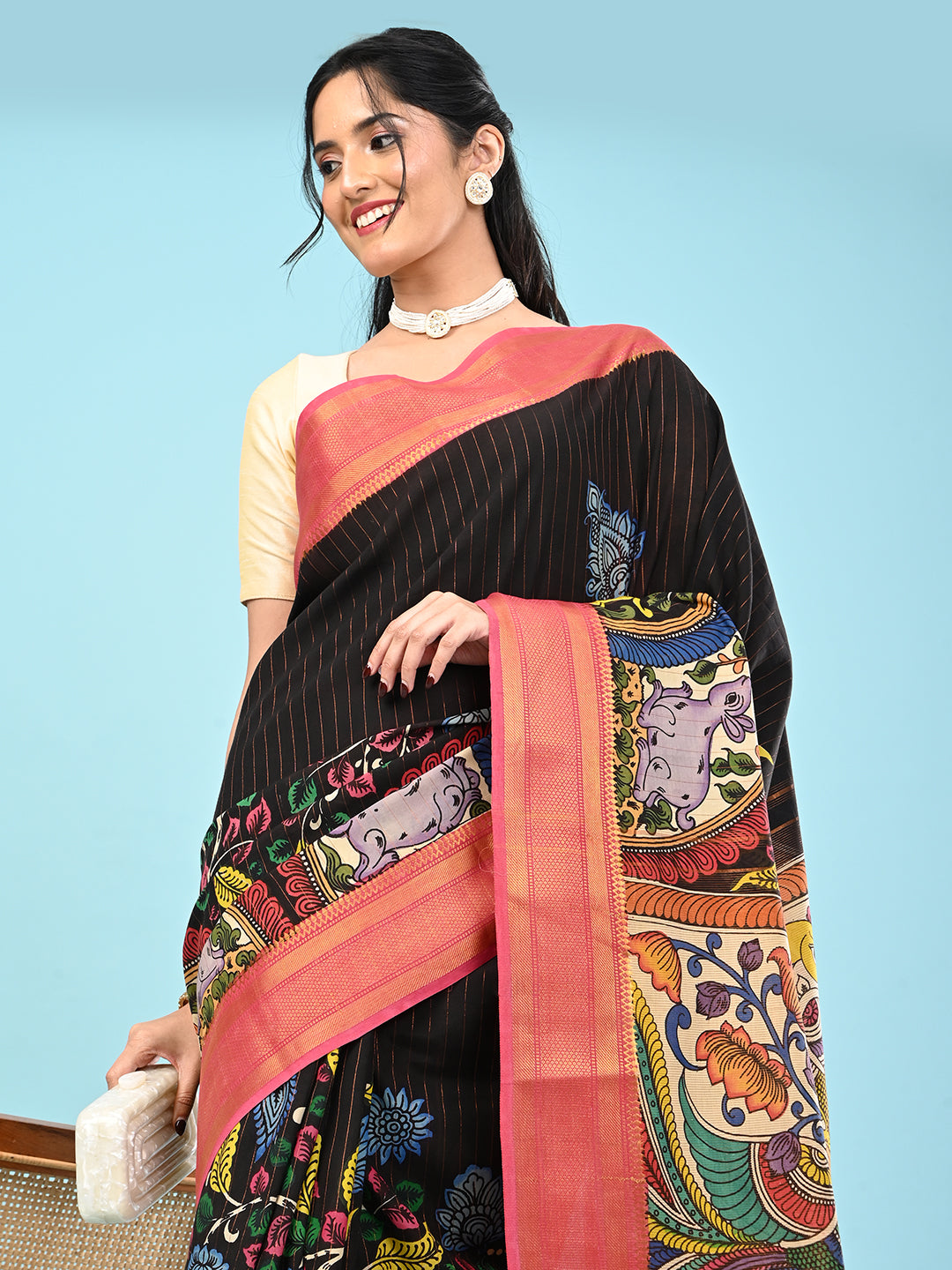 Manjari Black Pen Kalamkari Saree