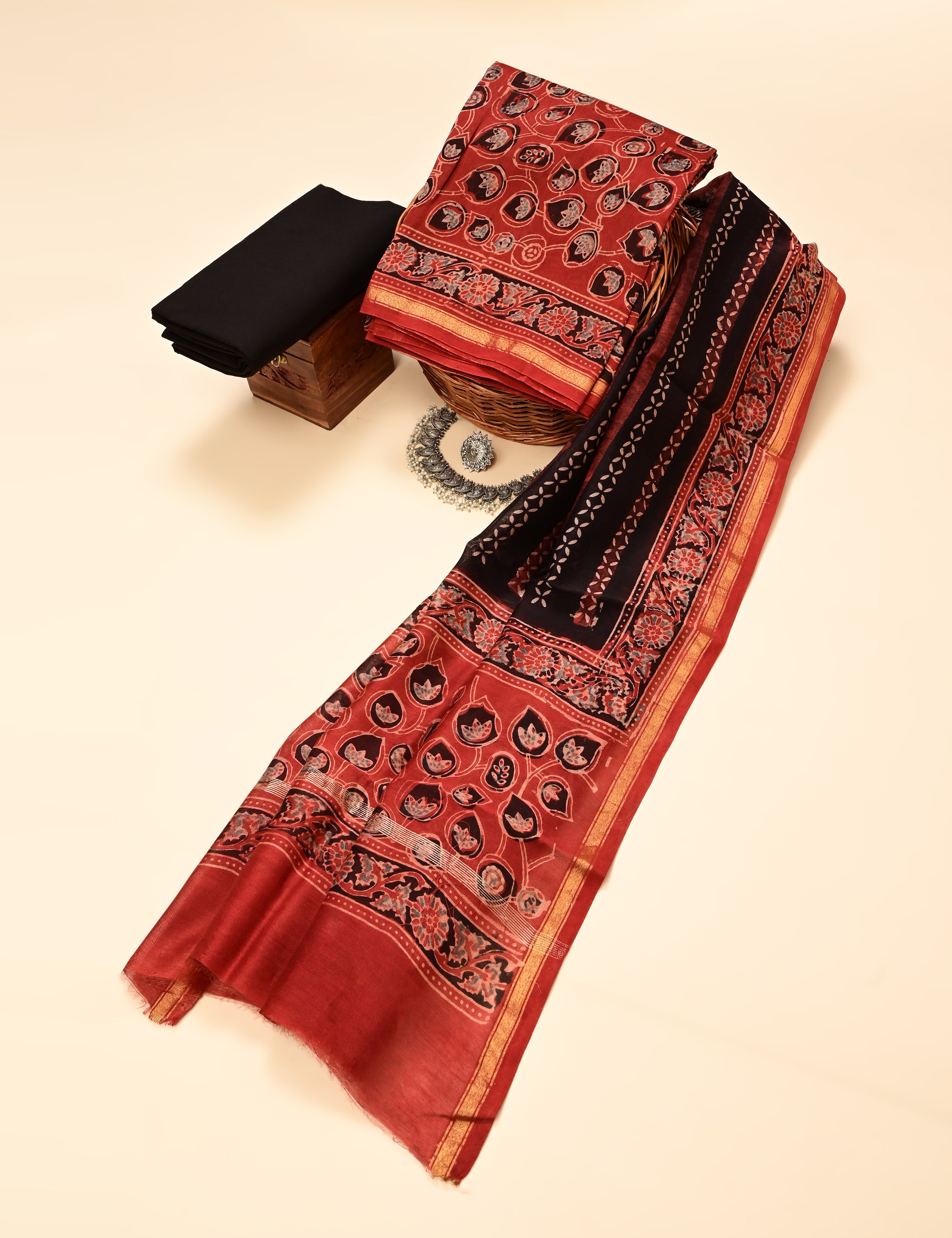 Durga Black Ajrakh Dress Material