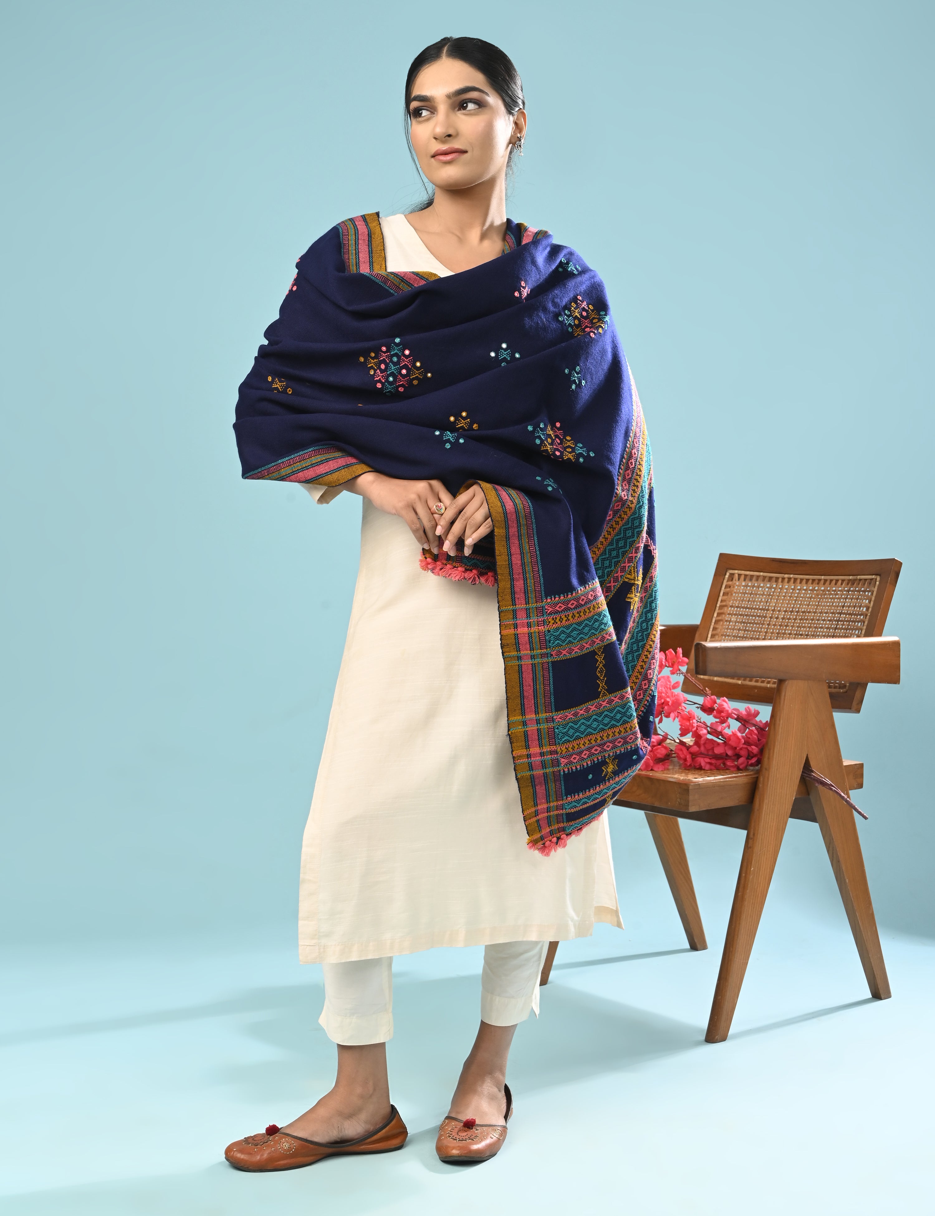 Thavare Royal Blue Kutch Embroidery Shawl