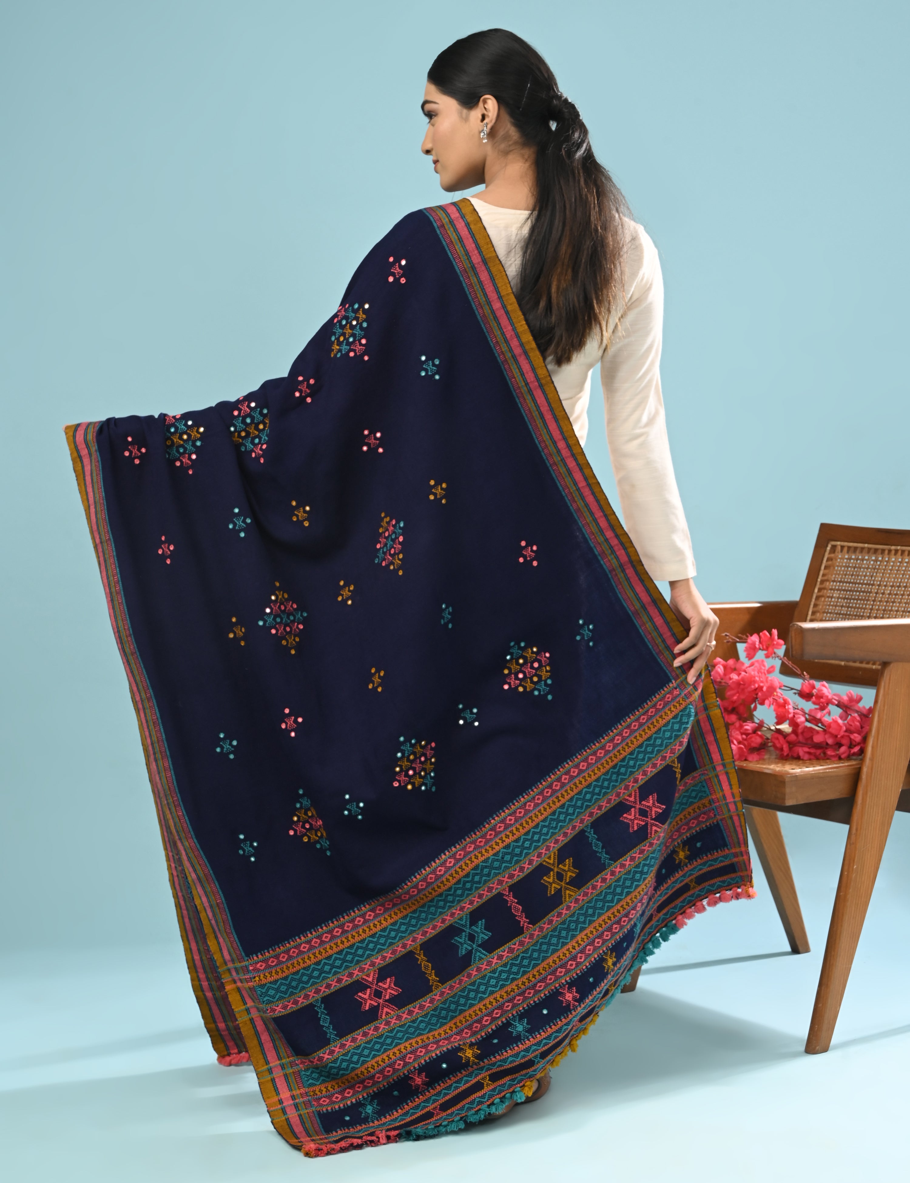 Thavare Royal Blue Kutch Embroidery Shawl
