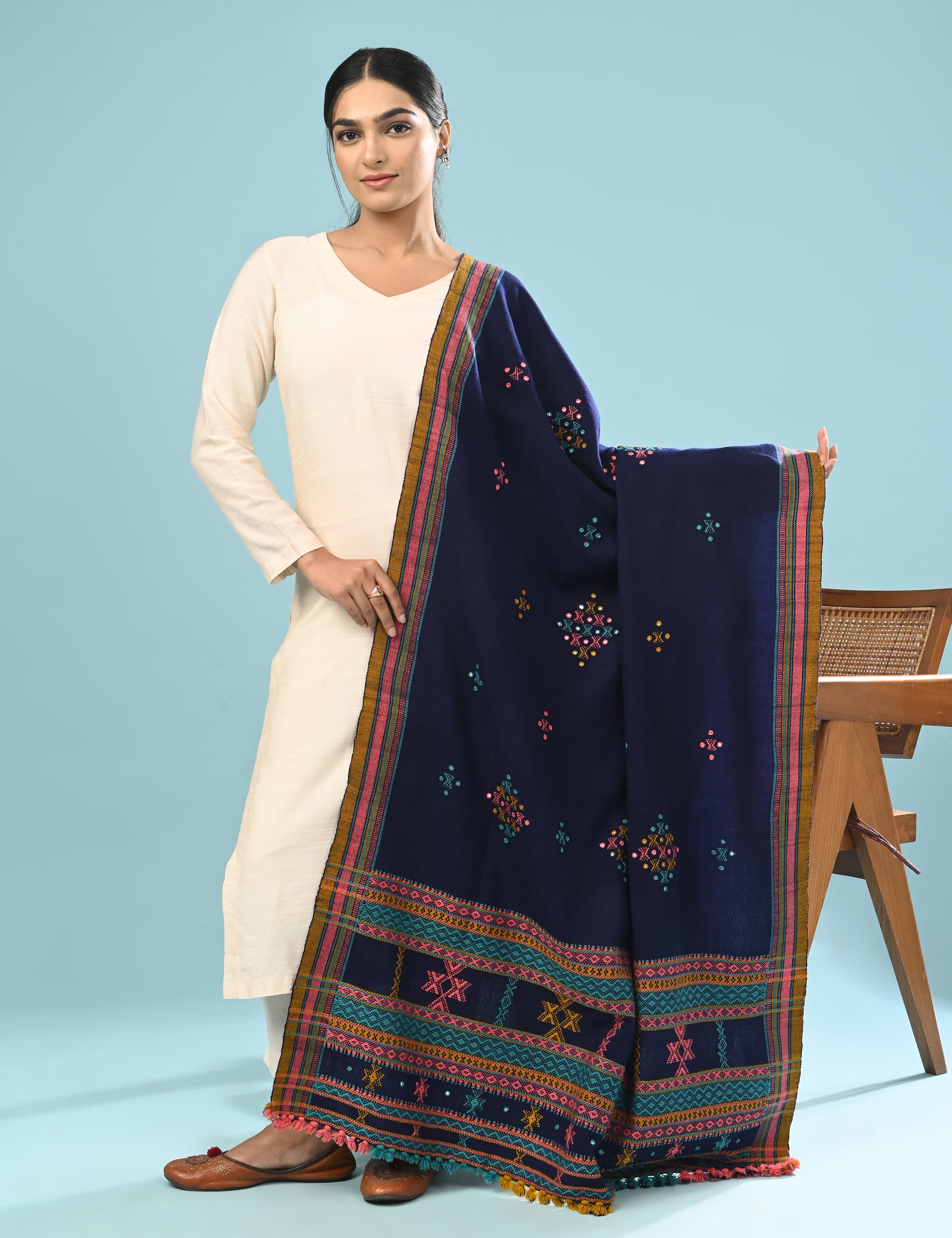 Thavare Royal Blue Kutch Embroidery Shawl