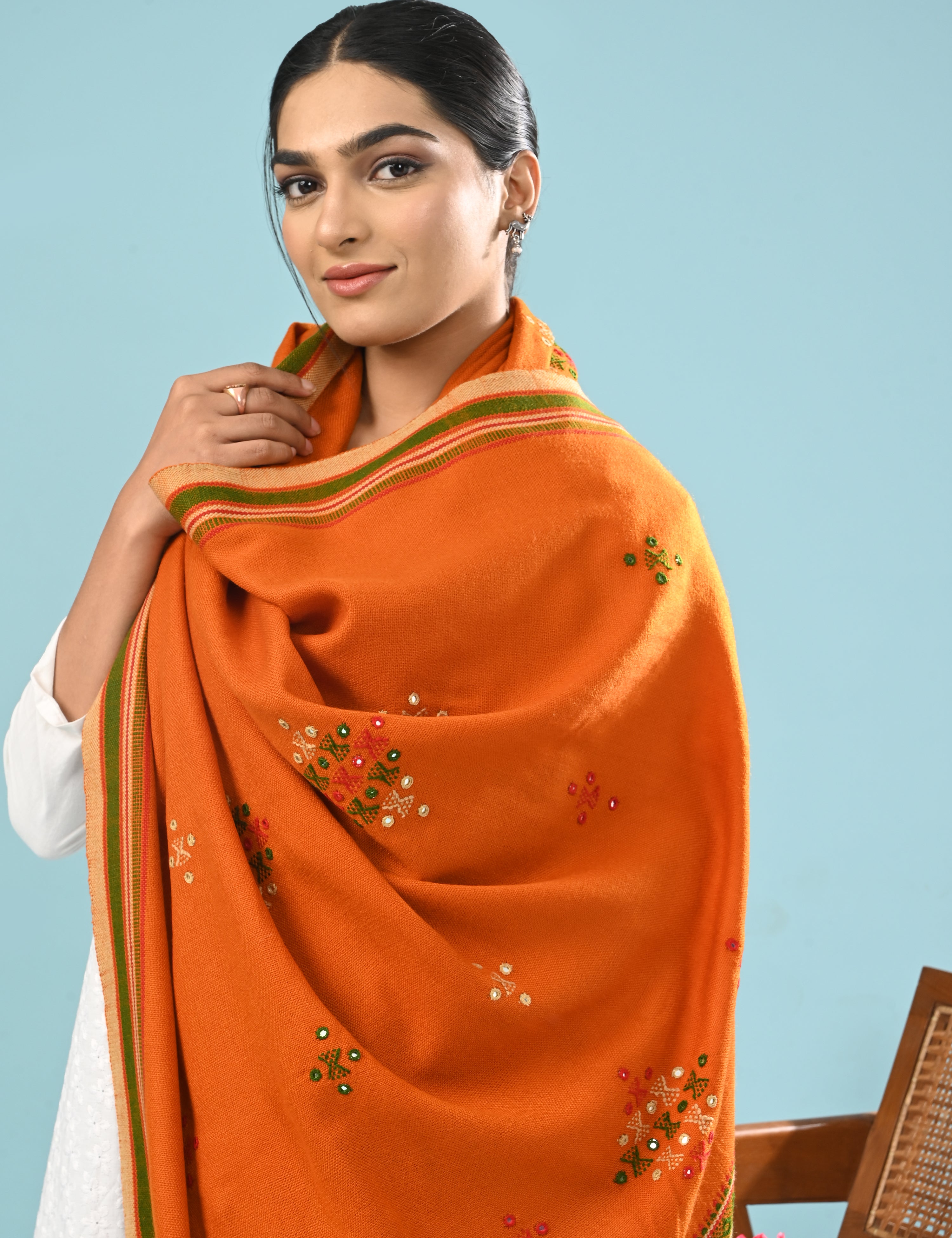 Thavare Orange Kutch Embroidery Shawl