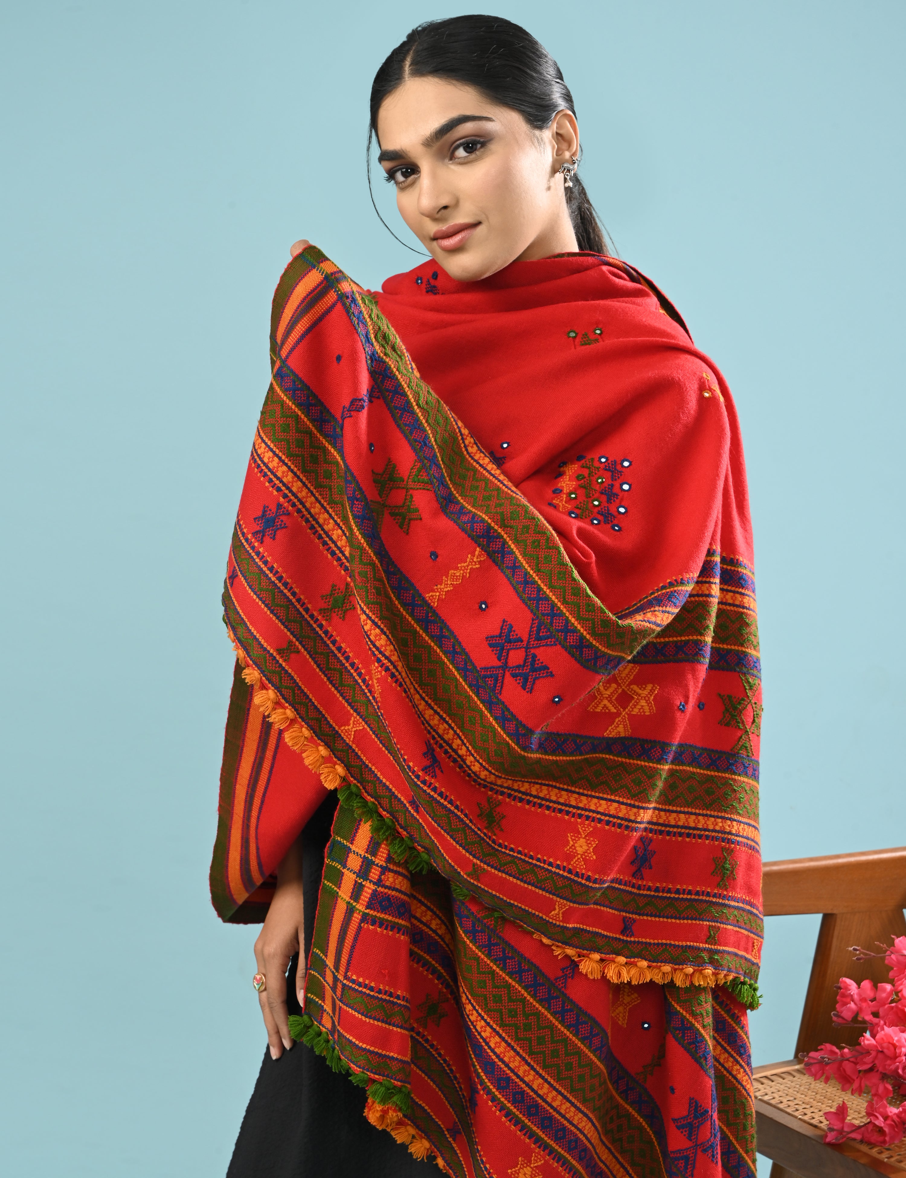 Thavare Red Kutch Embroidery Shawl