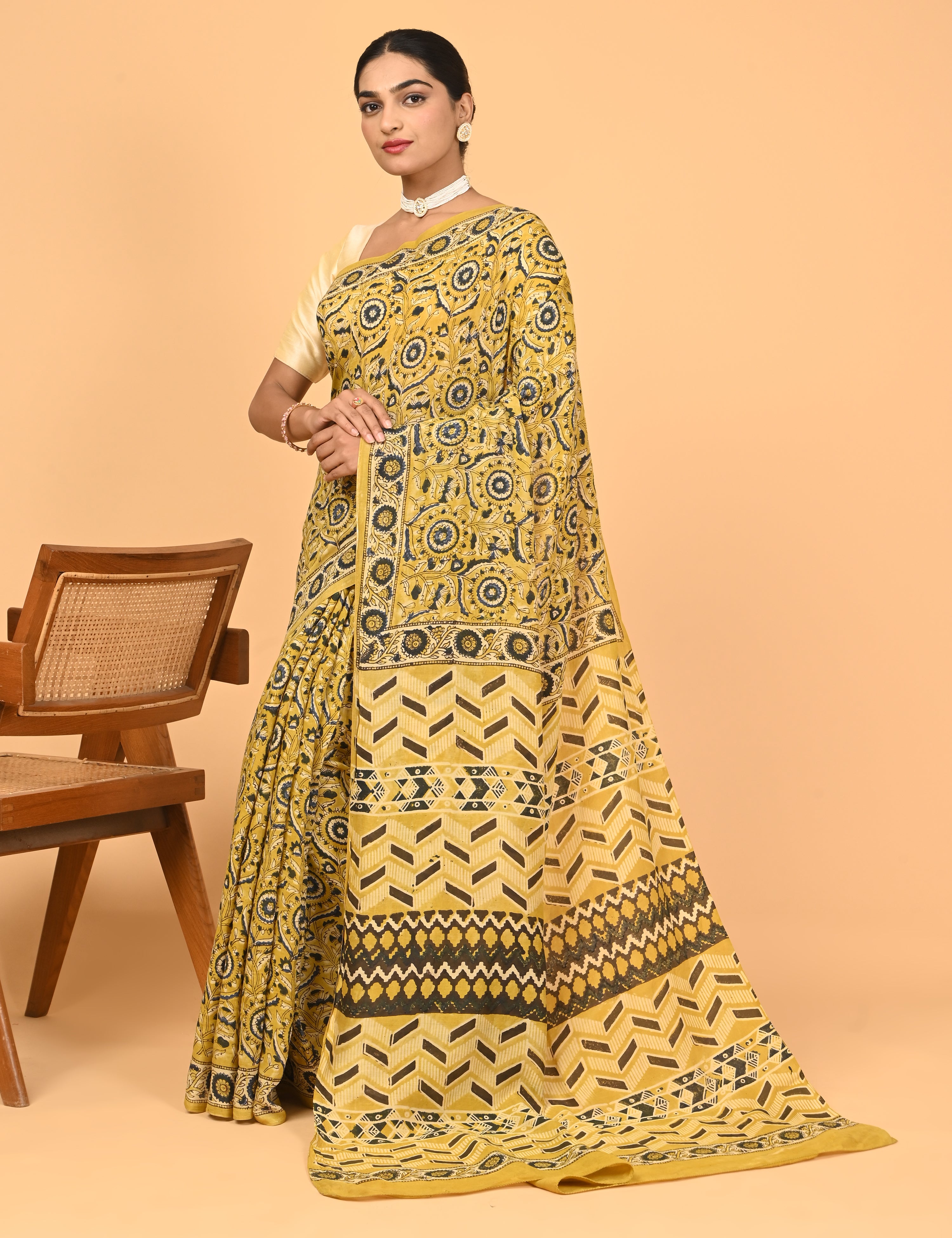 Chirtalekha Mustard Ajrakh Saree