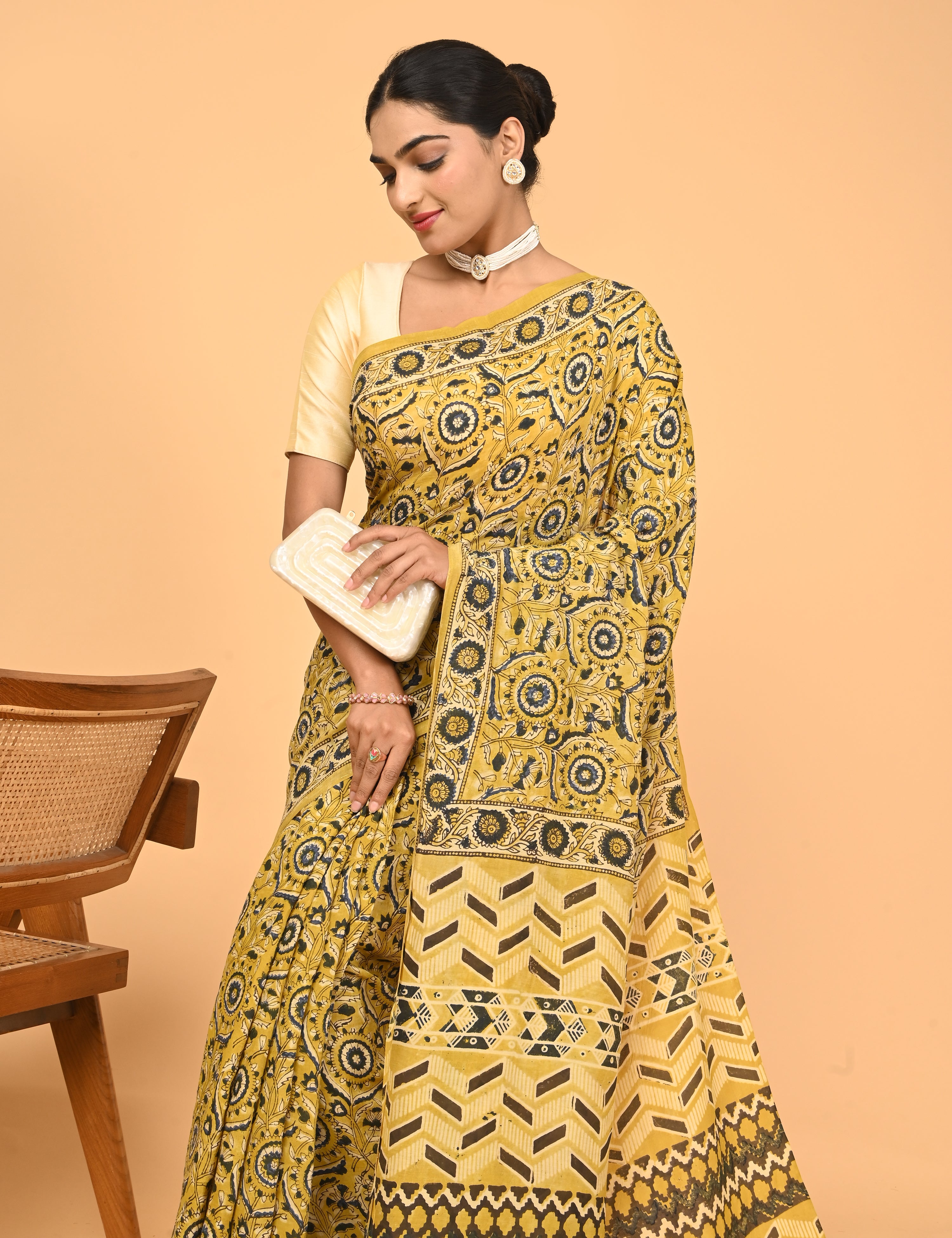 Chirtalekha Mustard Ajrakh Saree