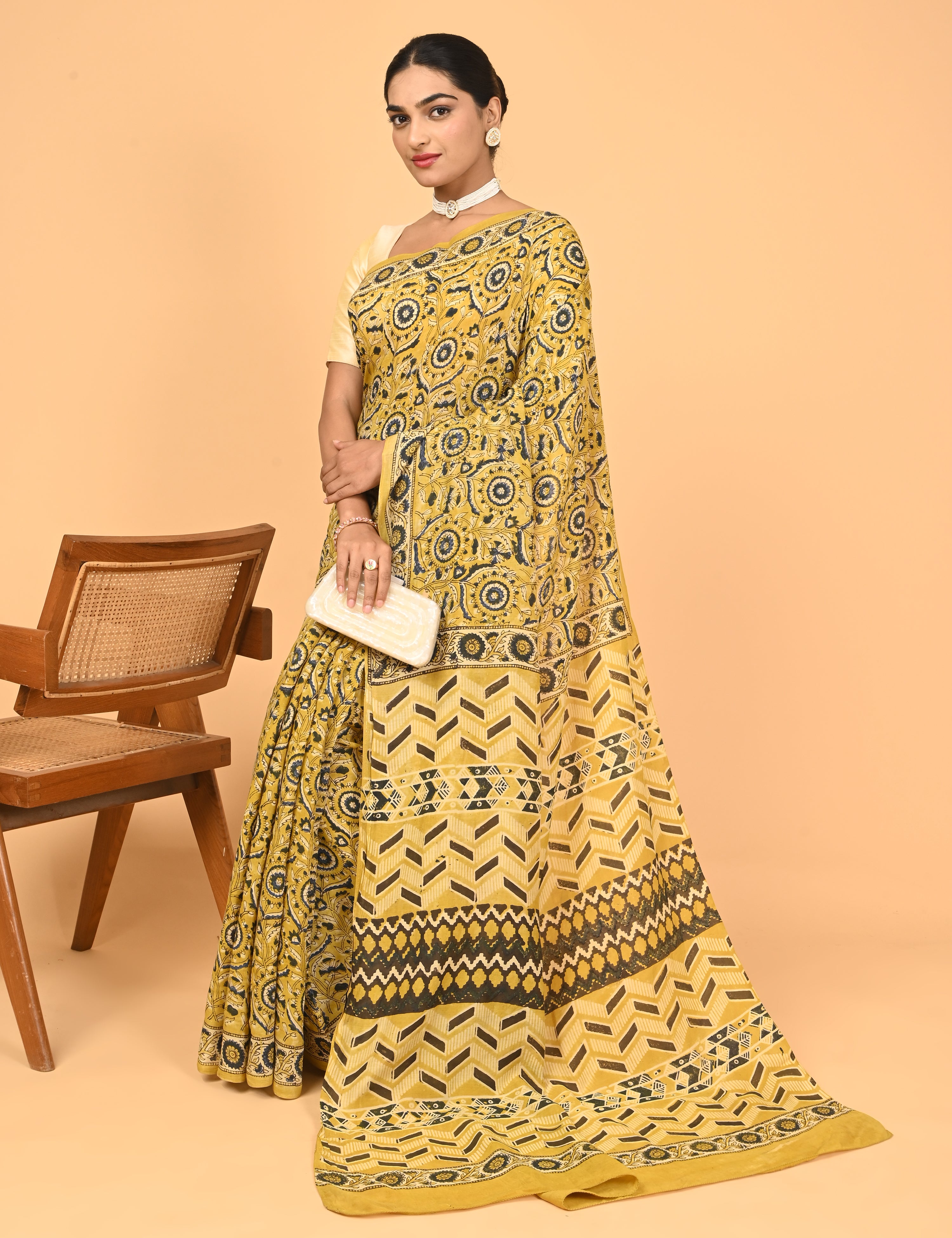 Chirtalekha Mustard Ajrakh Saree