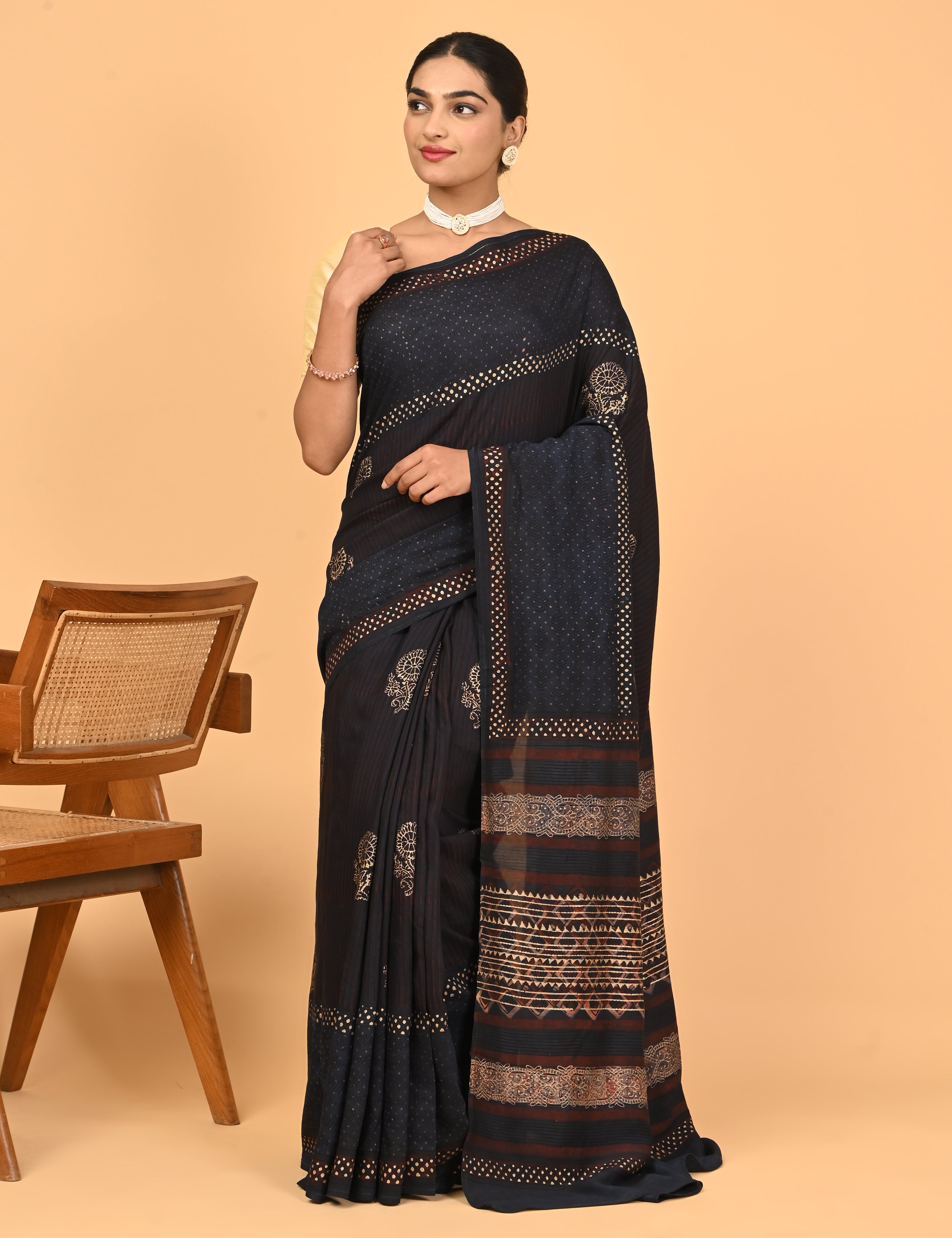 Sunheri Navy Ajrakh Saree