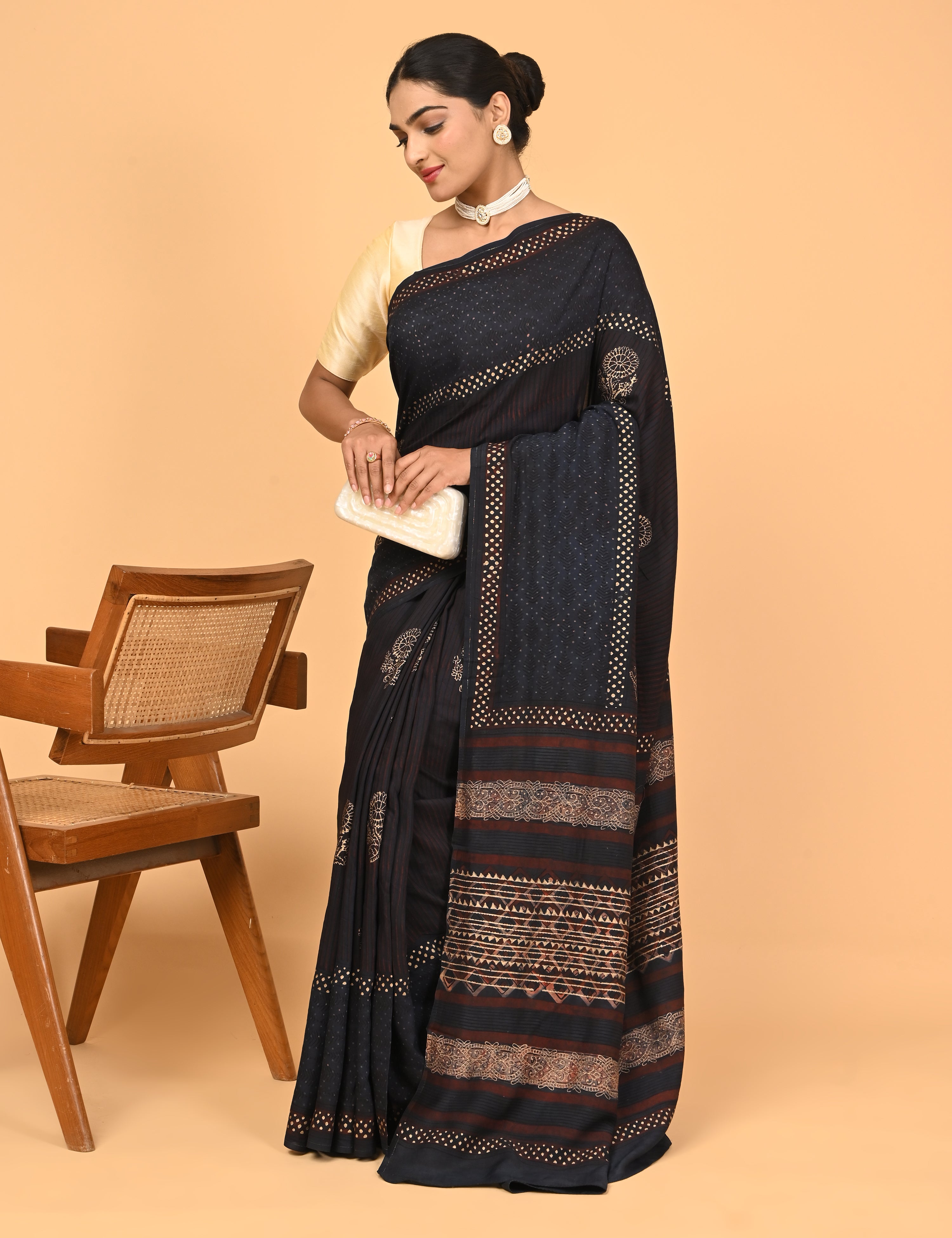 Sunheri Navy Ajrakh Saree