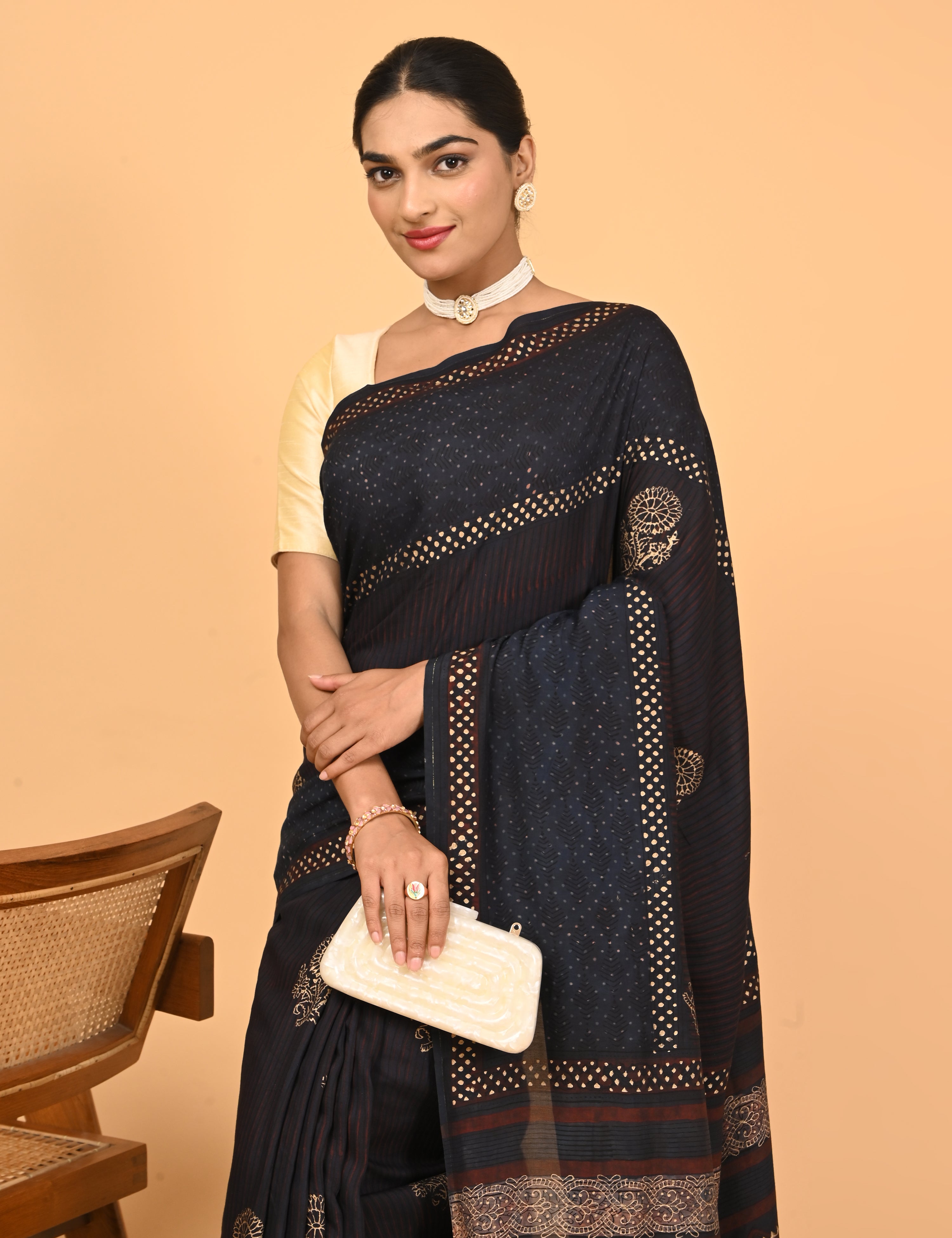 Sunheri Navy Ajrakh Saree